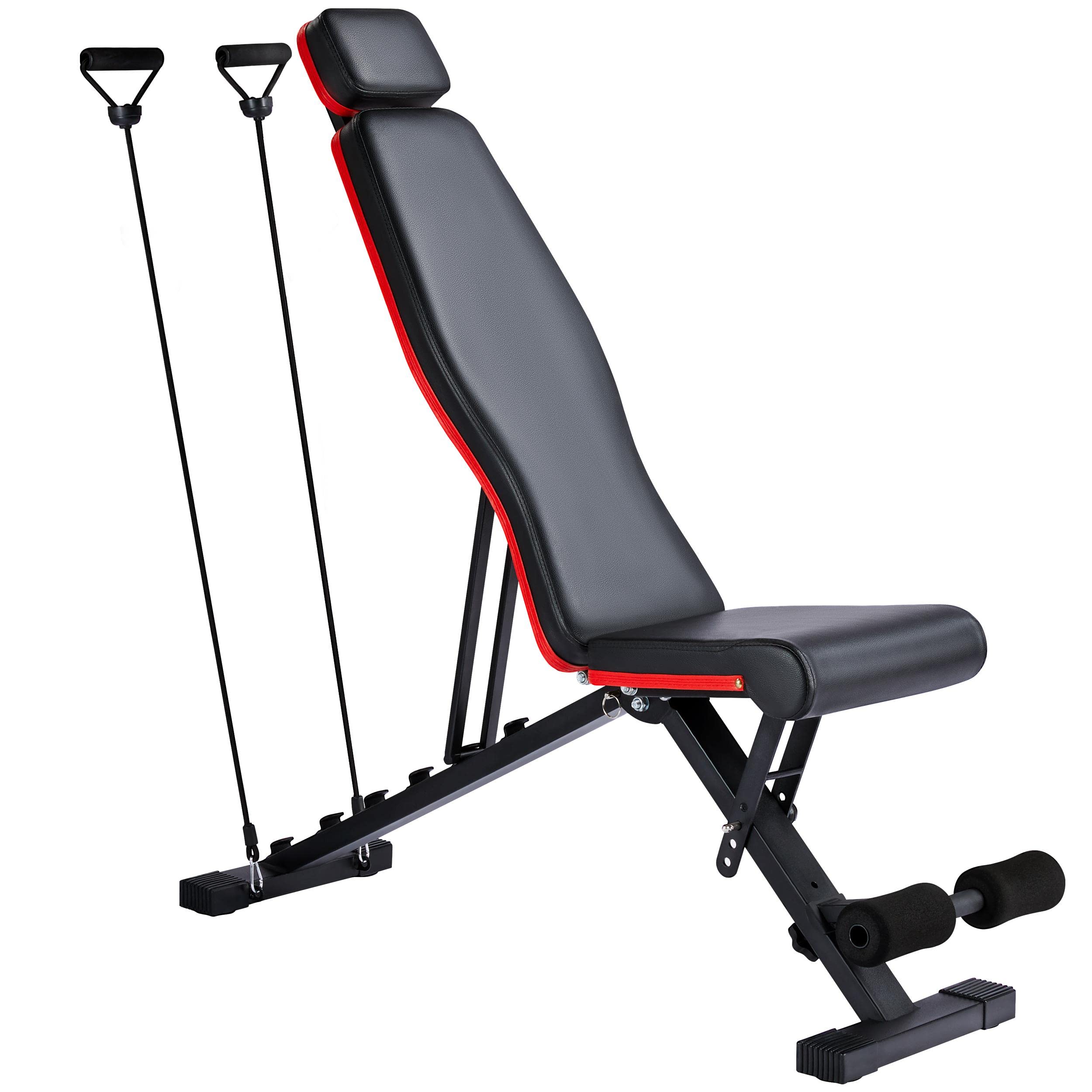 Yaheetech Adjustable Weight Bench-Foldable Workout Bench Press for Strength Training-Multipurpose Utility Exercise Incline/Decline Bench with Resistance Bands/Ropes for Home Gym