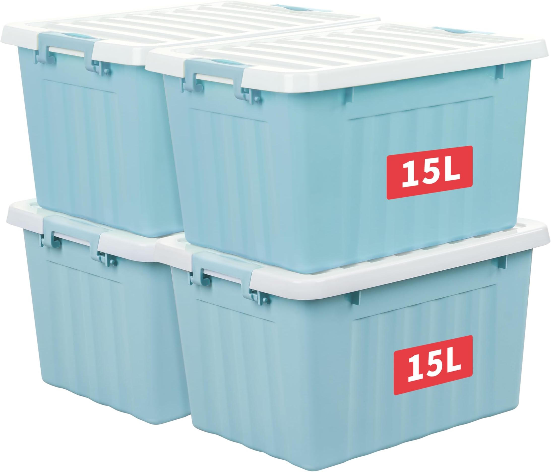 Cetomo 15L*4 White Plastic Storage box Tote Organizing Container with Durable Lid and Secure Latching Buckles, Stackable and Nestable, 4Pack, with Buckle