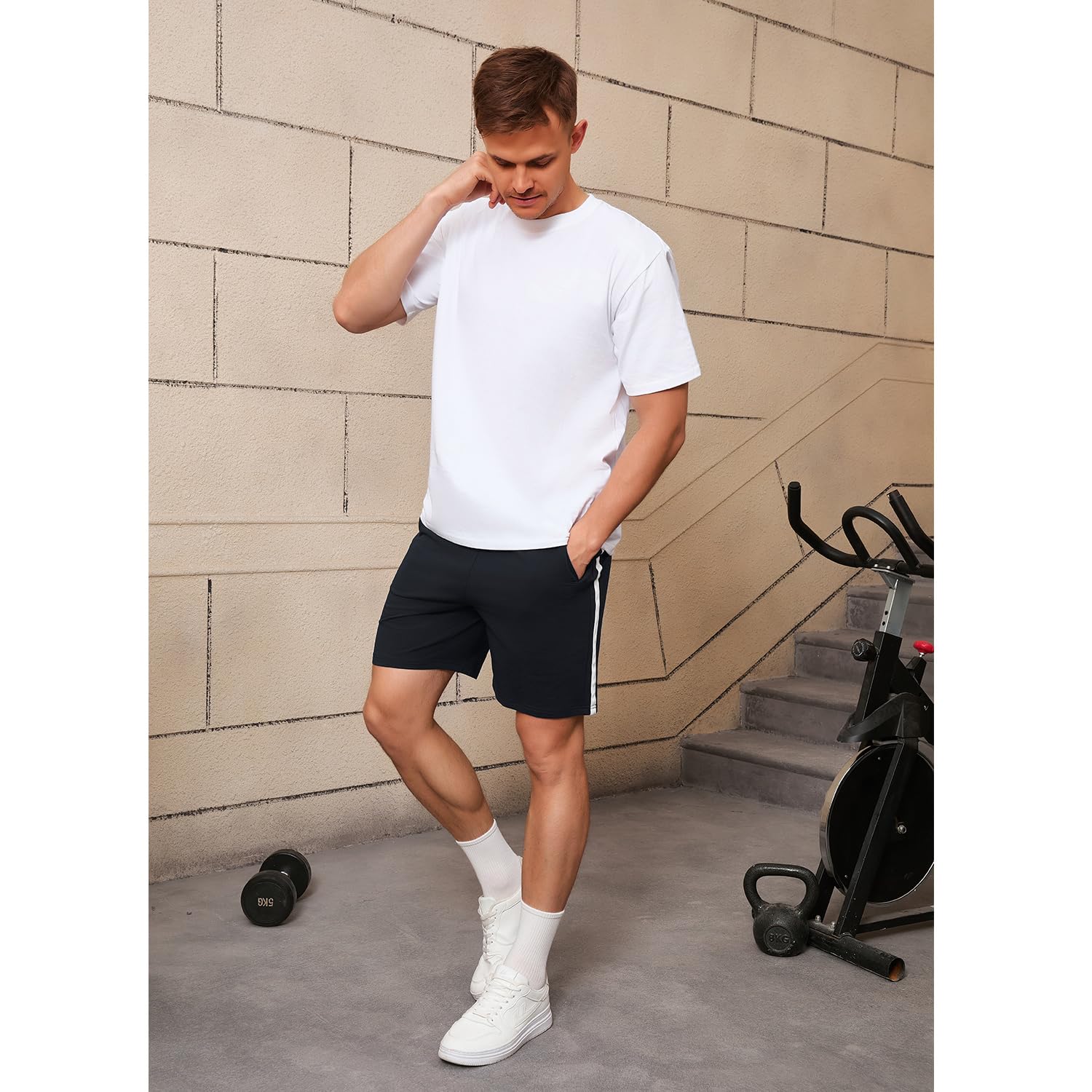 Pantalones Cortos Hombre Algodón Bermuda Transpirable Elásticos Deportivo para Correr Yoga con Bolsillos