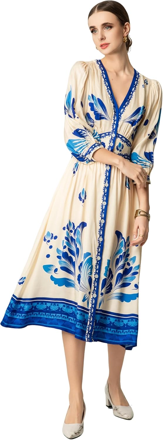 Women's V-Neck Floral Collar Elegant Blue-and-White Porcelain Long-Sleeve Printed Maxi Dress