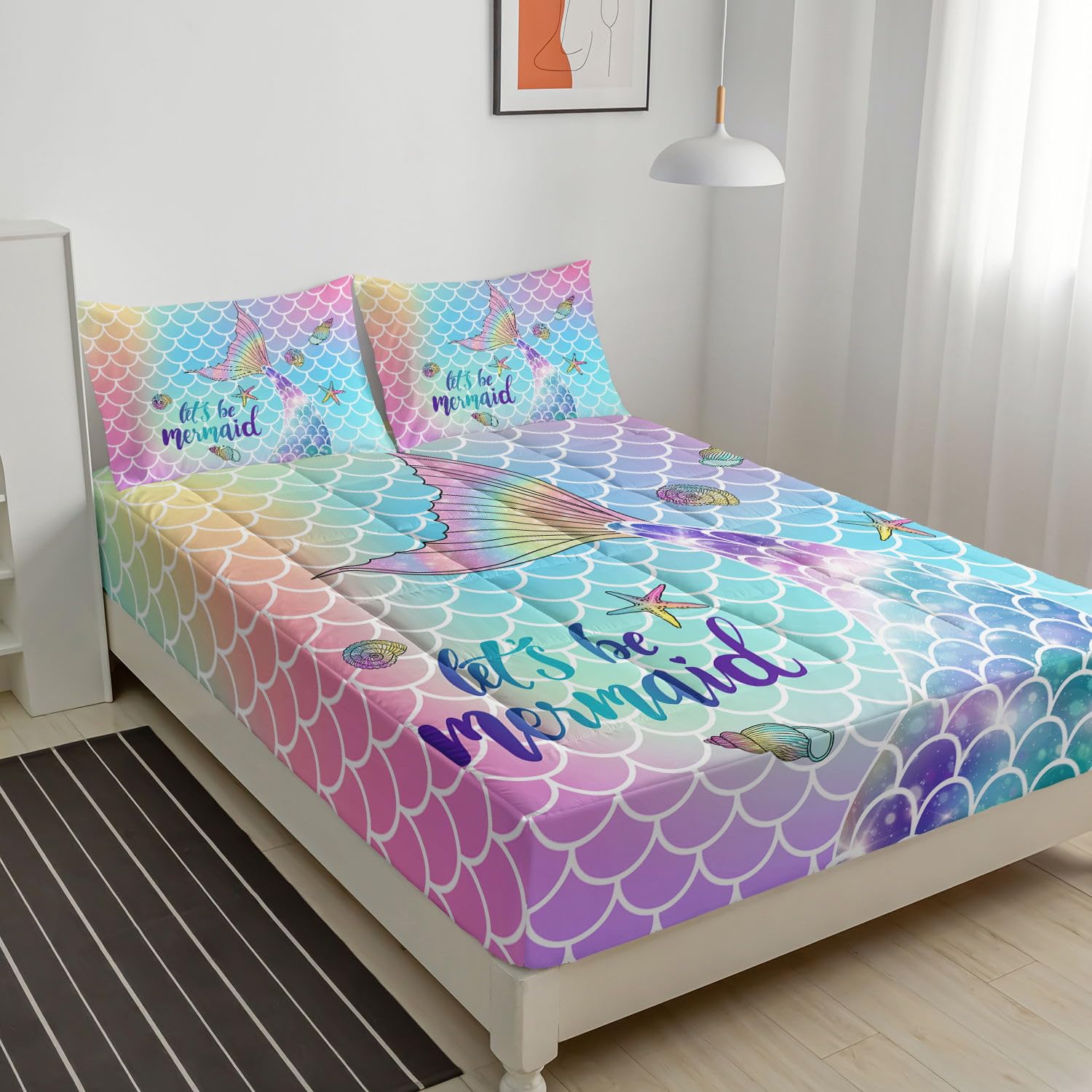 Datura home Fitted Mattress Pad Set for Girls Kids,Colorful Mermaid Scales Printed Kids' Mattress Pads Cover with 1 Quilted Fitted Sheet & 2 Pillowcases(Mermaid Twin)