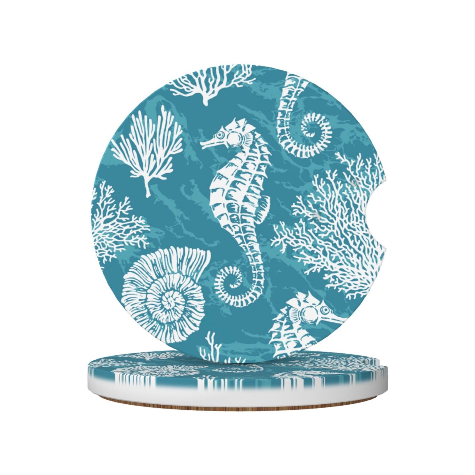 Sea Shells Seahorse Coral, Car Cup Holder Coasters 2 Pack, Absorbent Ceramic Car Coasters with Non Slip Cork Base