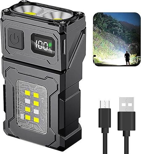 Miniatura 10 de 2 piezas de mini linterna táctica LED EDC - Multifuncional linterna al aire libre recargable para trabajo nocturno, correr, acampar, carga USB C luz