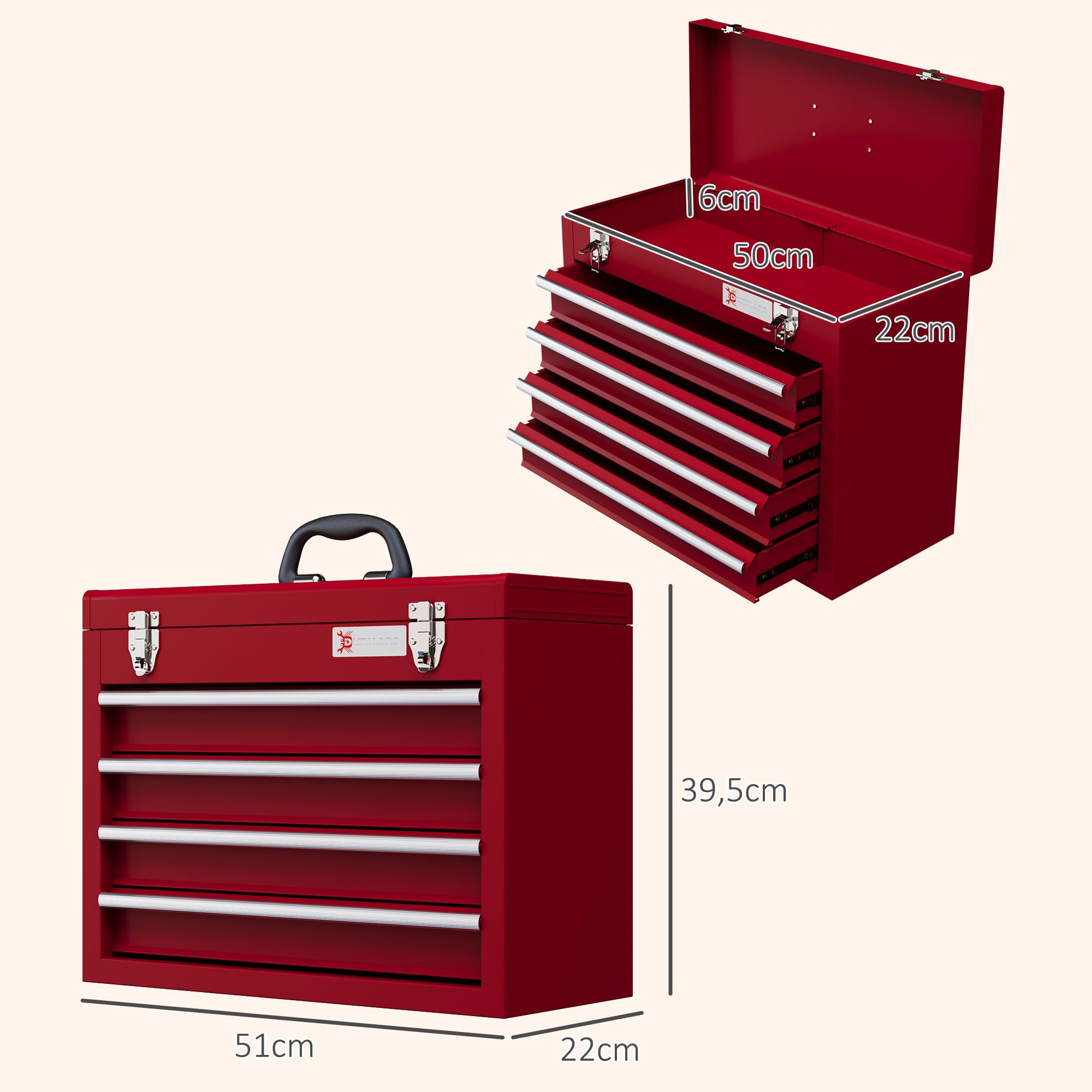 DURHAND Boite à outils métallique coffret à outils caisse à outils 4 tiroirs + plateau tôle acier rouge - 51 x 22 x 39,5 cm
