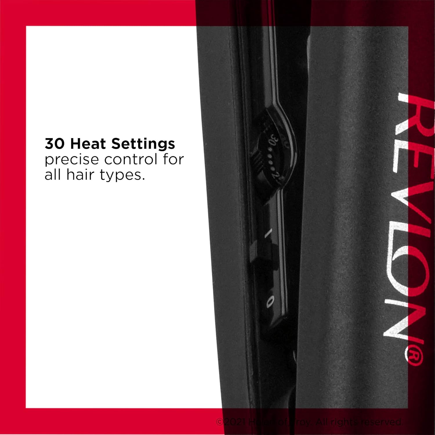 Close-up of the flat iron's heat setting dial showing 30 heat settings