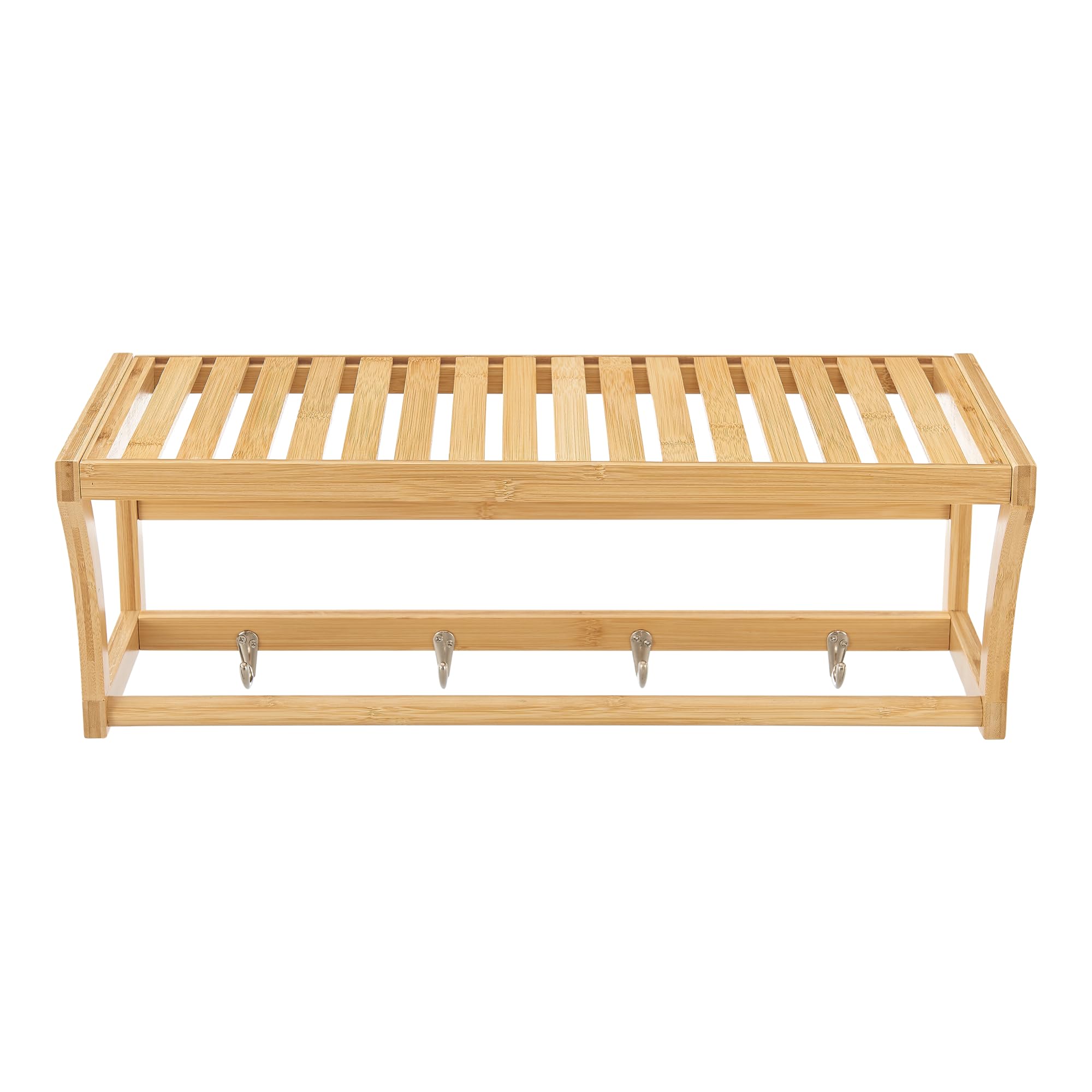 [en.casa] Estantería de Pared para Baño Pasillo con Estante Toallero y 4 Ganchos Mueble de Cocina con Barra para Paños de Cocina Bambú 30 x 55 x 23 cm - Natural