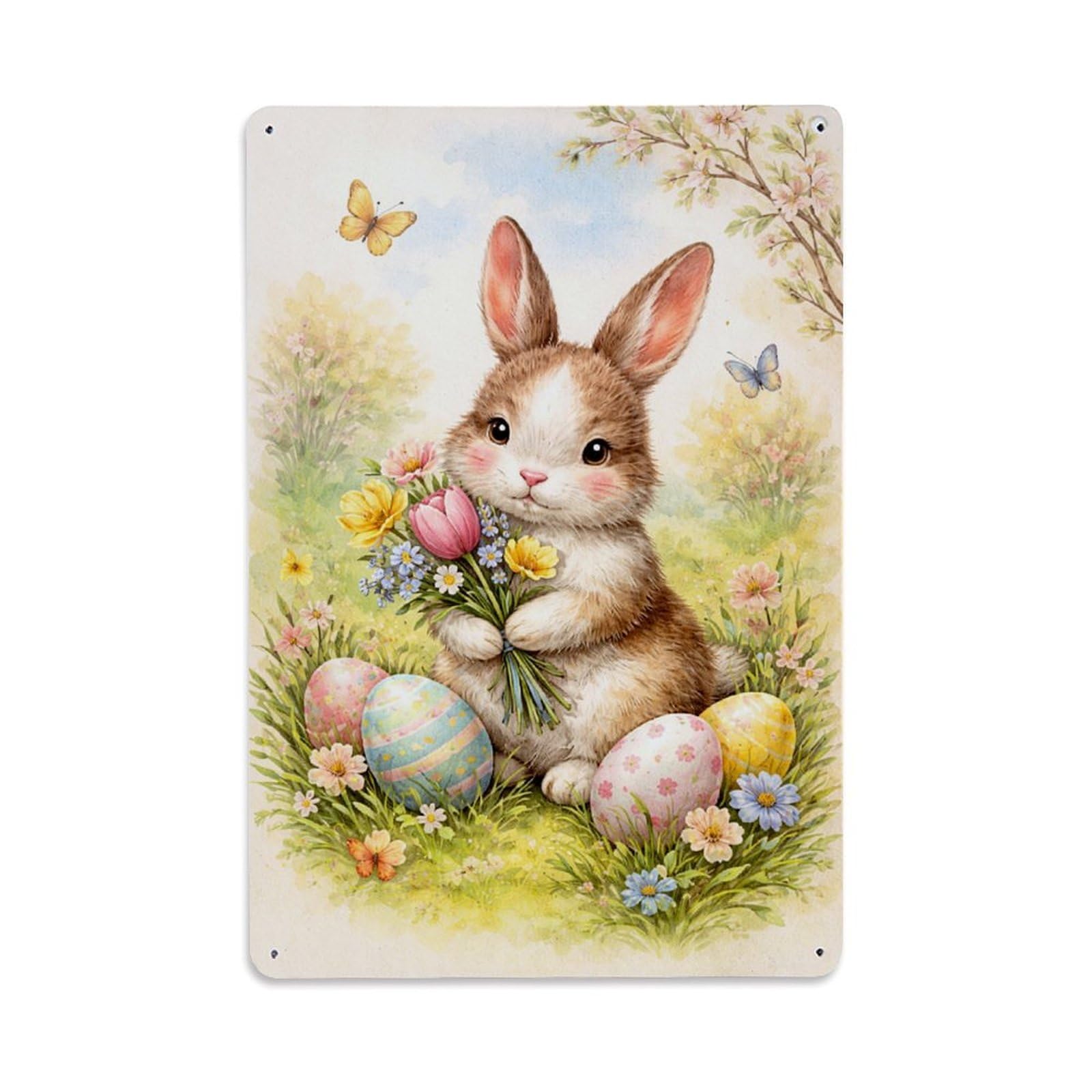 Jdfenggu Vintage Easter Bunny With Flowers And Eggs Retro Metal Tin Sign, Metal Poster For Bar, Home, Man Cave, Kitchen, Laundry Room Art Decor 8X12 Inch