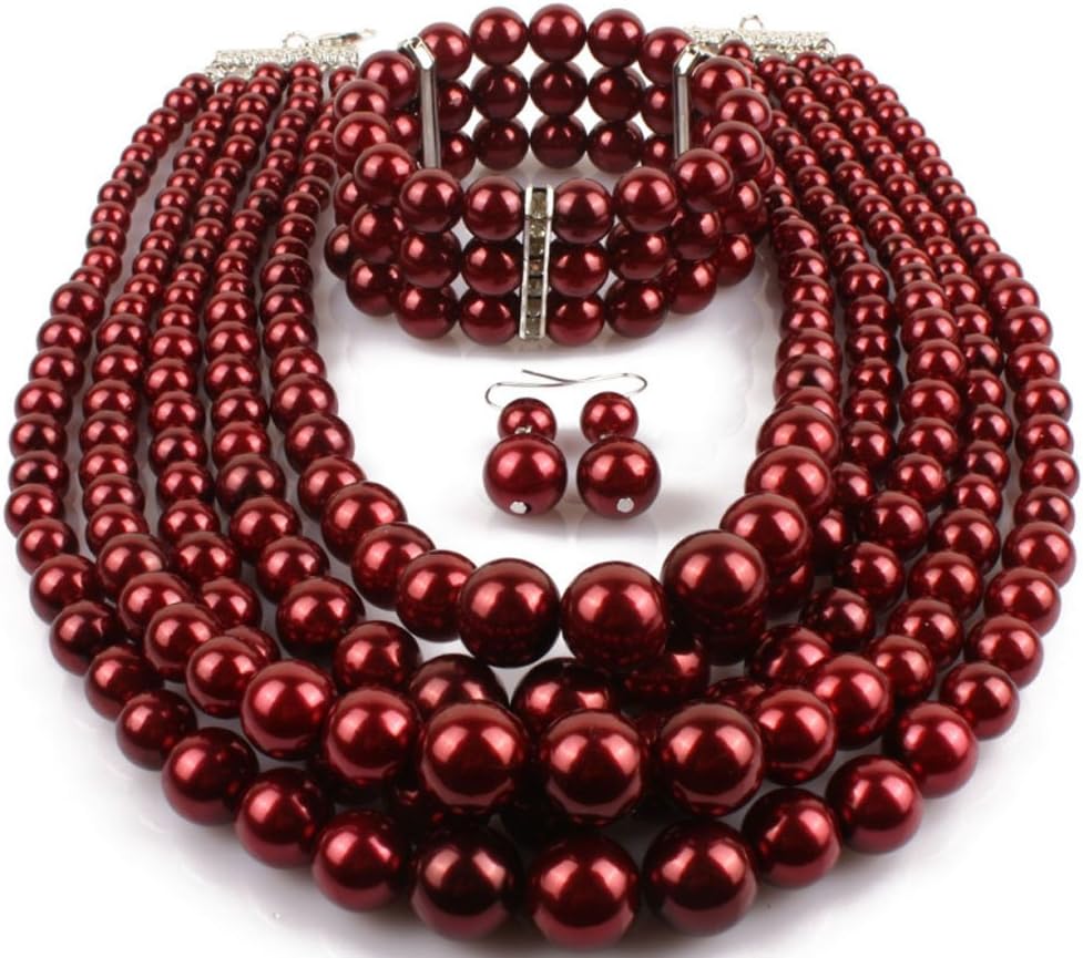 Shineland Elegant Multilayers Simulated Pearl Strand Cluster Collar Bib Choker Costume Jewelry Sets