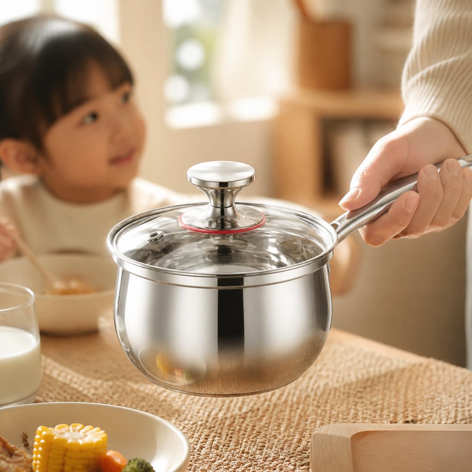 Ronyme 16 cm -Saucepan vielseitig einsetzbar mit Glasdeckel tropffreies Ausgießen -Saucière für Babynahrungszubereitung, Doppelschicht
