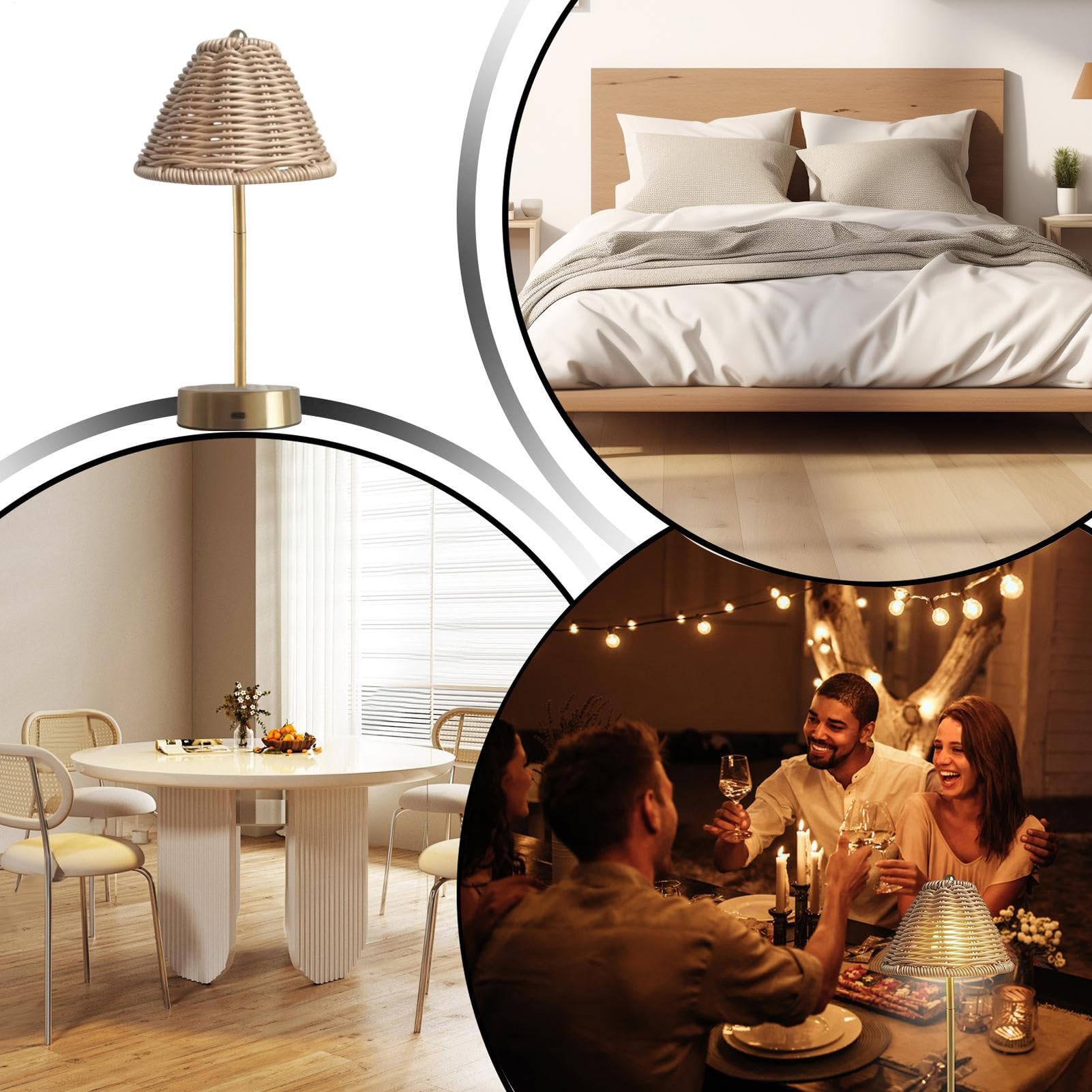 Lampada Rattan 3 Livelli Luce Portatile Vintage in Rattano USB a Batteria