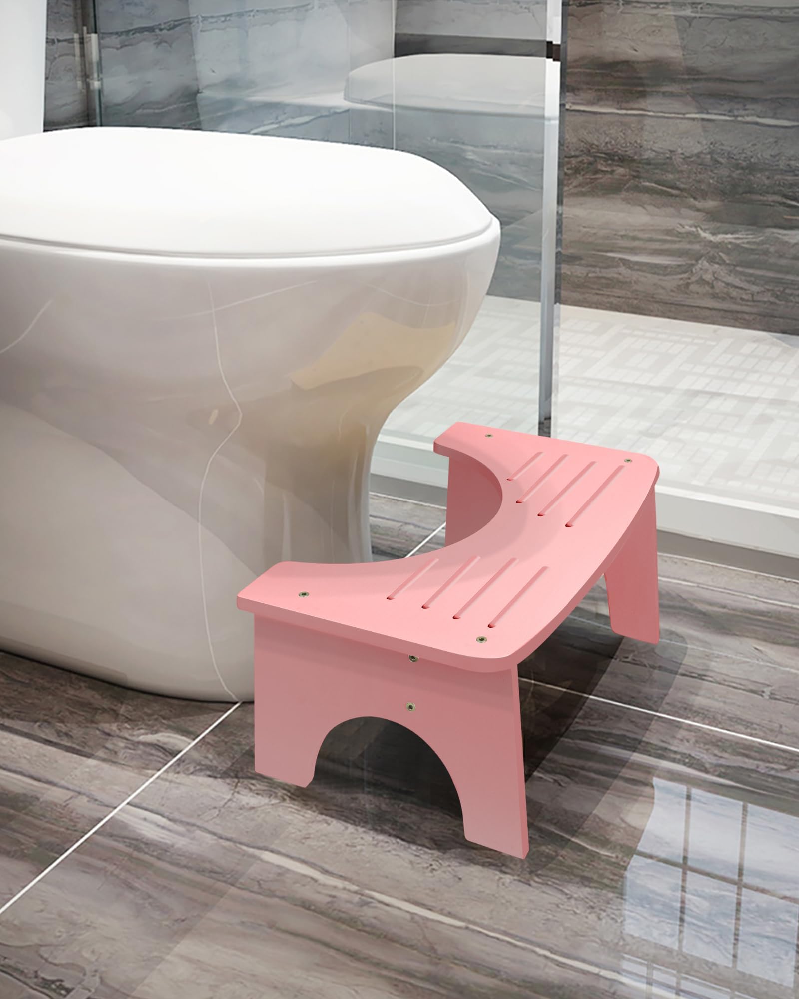 Bamboo Toilet Stool, 7" Toilet Stool Squat Adult, Non-Slip Poop Stool for Bathroom, Portable Squat Toilet Pooping Stool for Kids, Easy of Use and Clean - Improve Squatting Posture and Comfort (Pink)