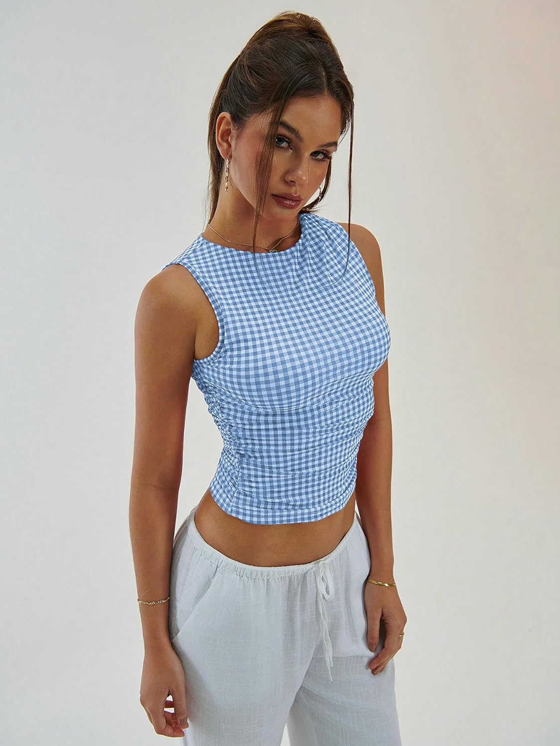 Milumia Women's Gingham Top Sleeveless Ruched Fitted Tank Tops Going Out Y2k Coquette Clothes - Image 3