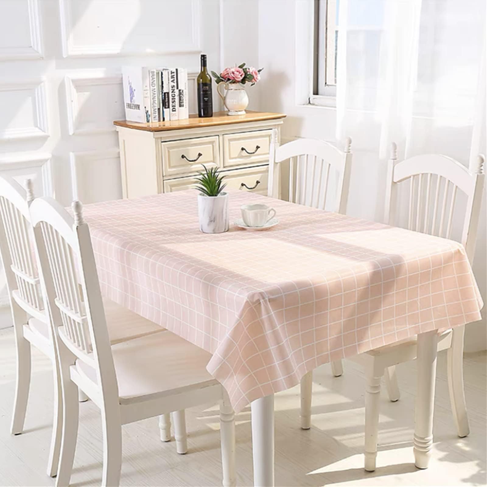 Aisszhao 137 * 180cm Wipe Clean PVC Tablecloth,Rectangular Large Easy Care Table Cover Pink Checkered Reusable Oil-proof Gingham Table Cloth for Holiday Dinner Outdoor Picnic (Pink plaid)