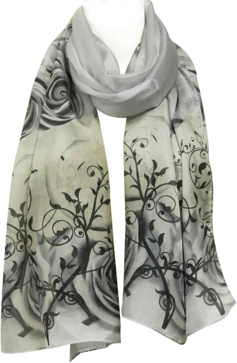 allydrew Luxurious 100% Charmeuse Silk Long Scarf, Black Rose Motif