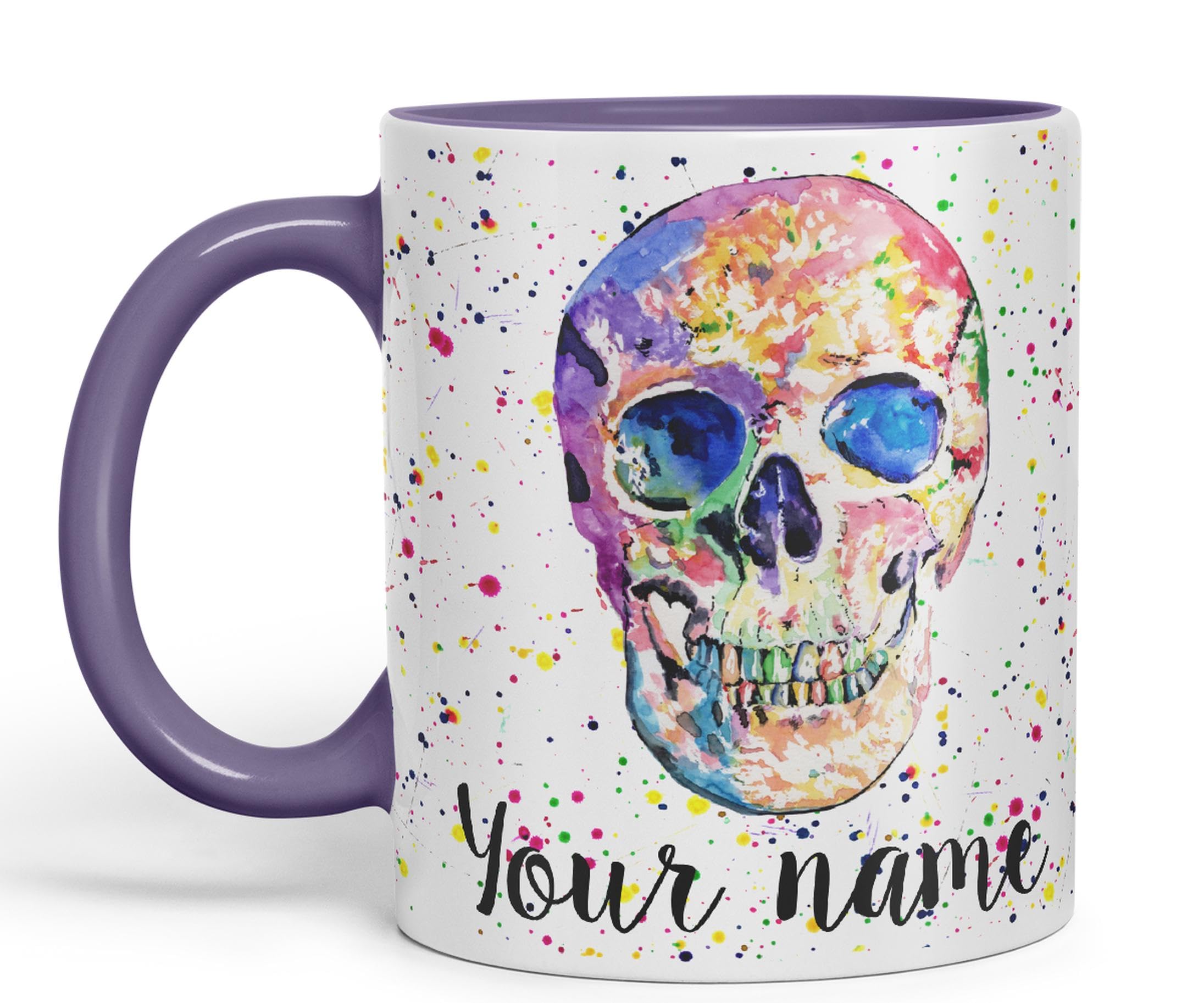 Vixar Personalised with Your Text Skull Front Art Coloured Ceramic Mug Cup Gift 330ml 11oz Custom Work Office Tea Coffee (Purple)