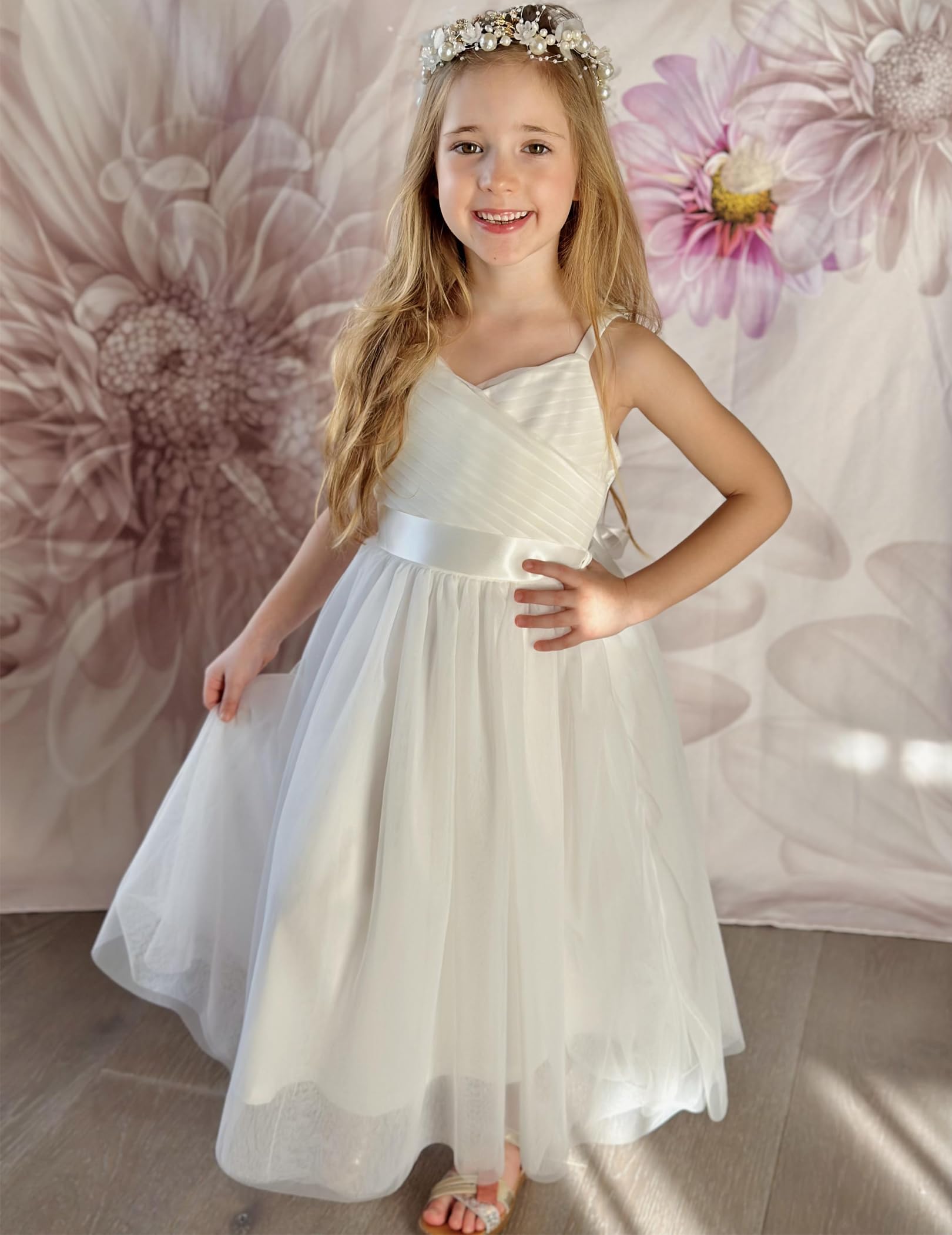 Arshiner Flower Girl Dress Spaghetti Strap Tulle Long Formal Wedding Pageant Party Fancy Princess Ball Gown Dresses — view 7