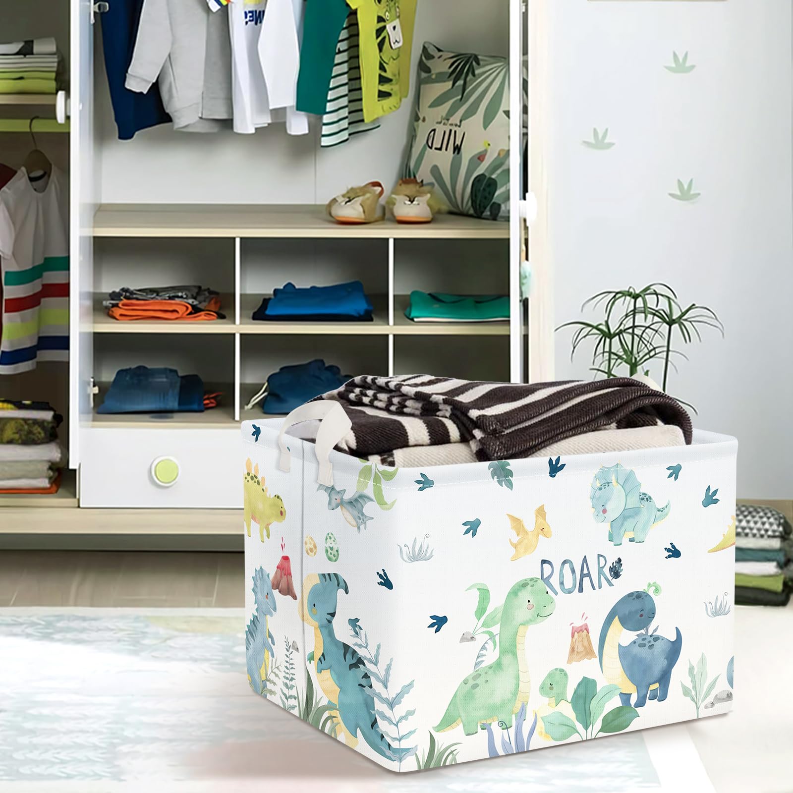 Clastyle Cajas de Almacenaje Verde Dinosaurio Volcán Hoja de Palma Cesta para Guardar Ropa Juguetes Libro Rectangular para Habitación Infantil, 40x30x30 cm
