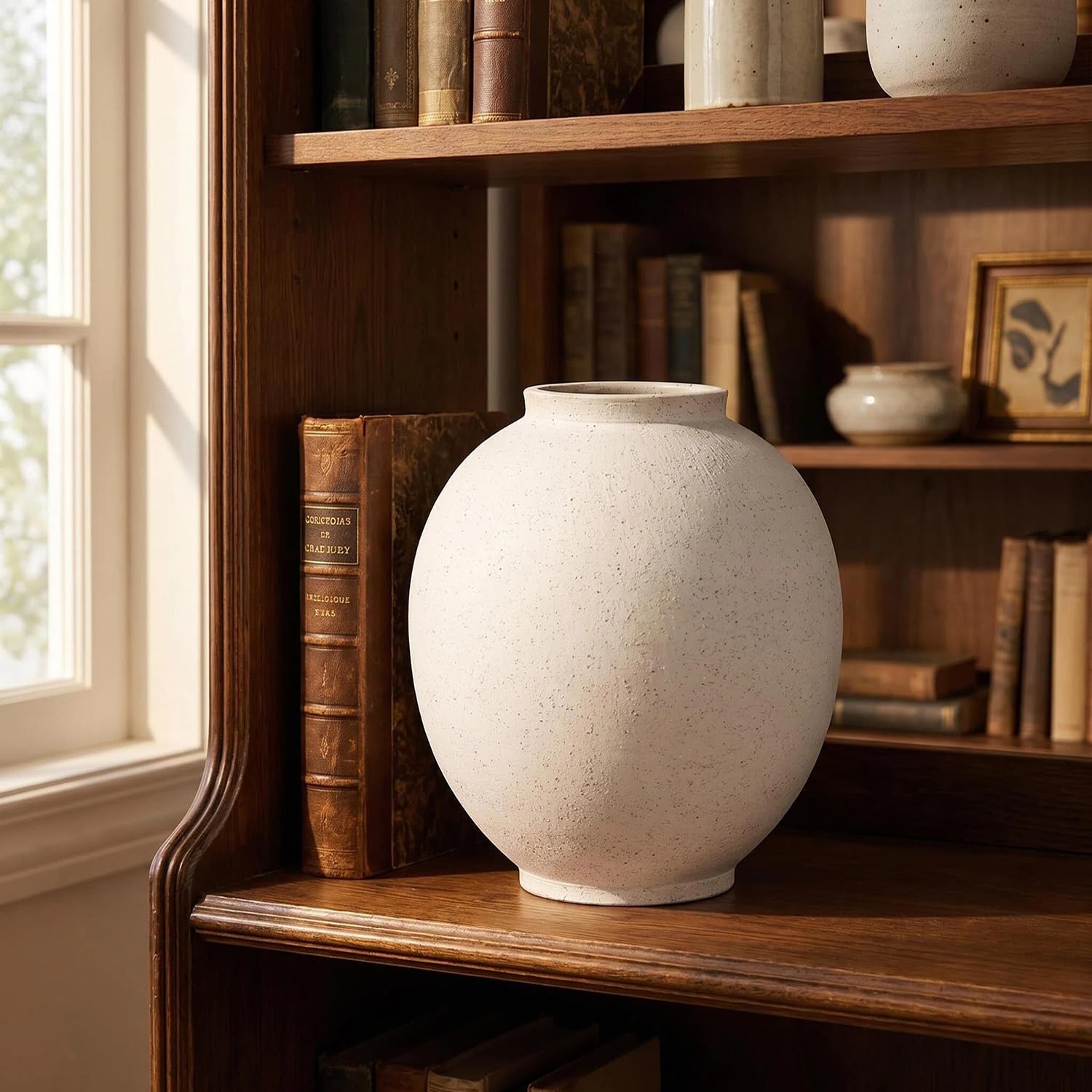 Heifgott Grande vaso in ceramica bianca, 25 cm, rustico per la decorazione della casa, vasi alti minimalisti per soggiorno, tavolo, bagno, vacanze e matrimoni (bianco arenaria)