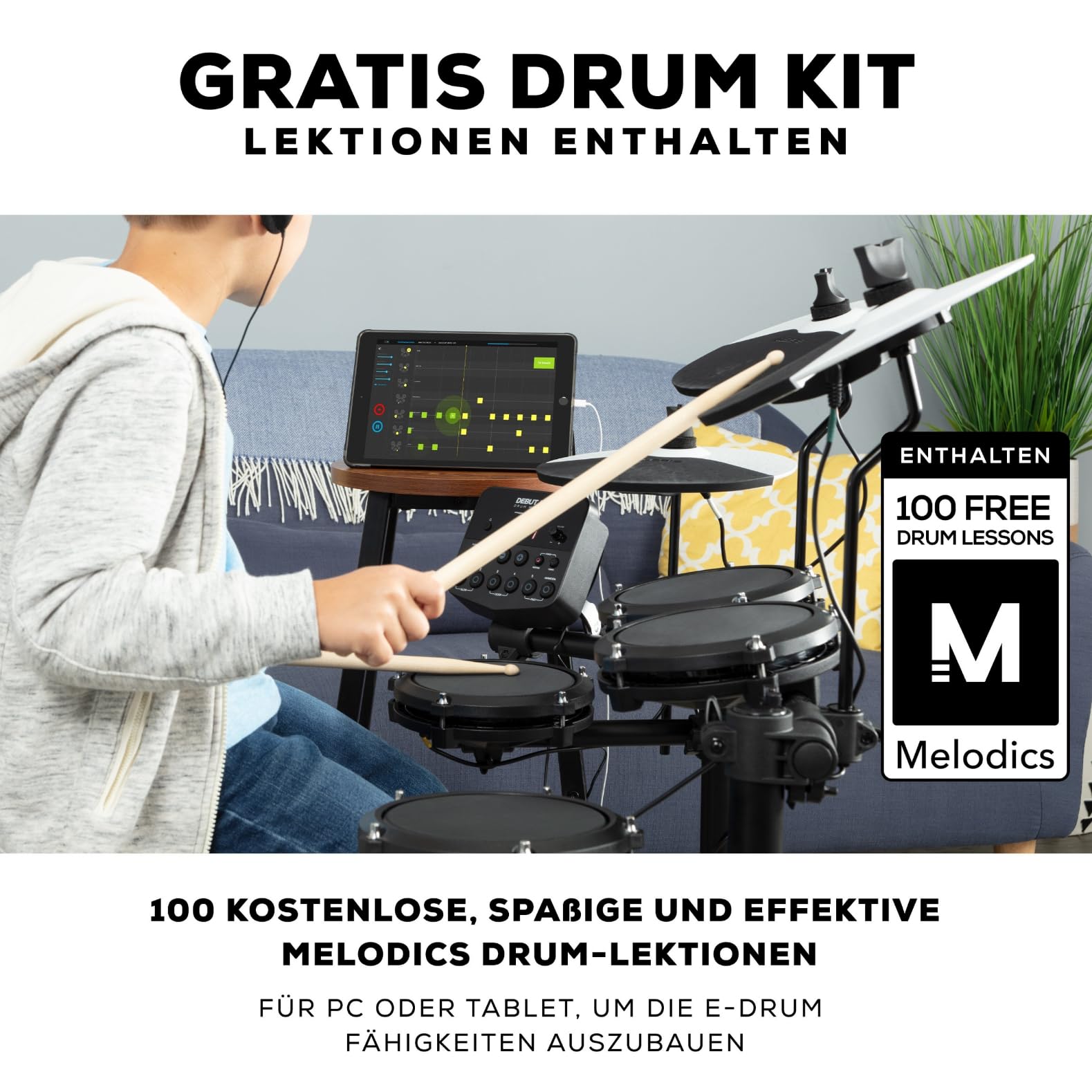 Alesis Debut Kit - Kinder Drum Kit mit 4 Mesh E-Drum Set Pads, 120 Sounds, 100 Lektionen, Schlagzeughocker, Drum Sticks, Stimmschlüssel und Kopfhörern