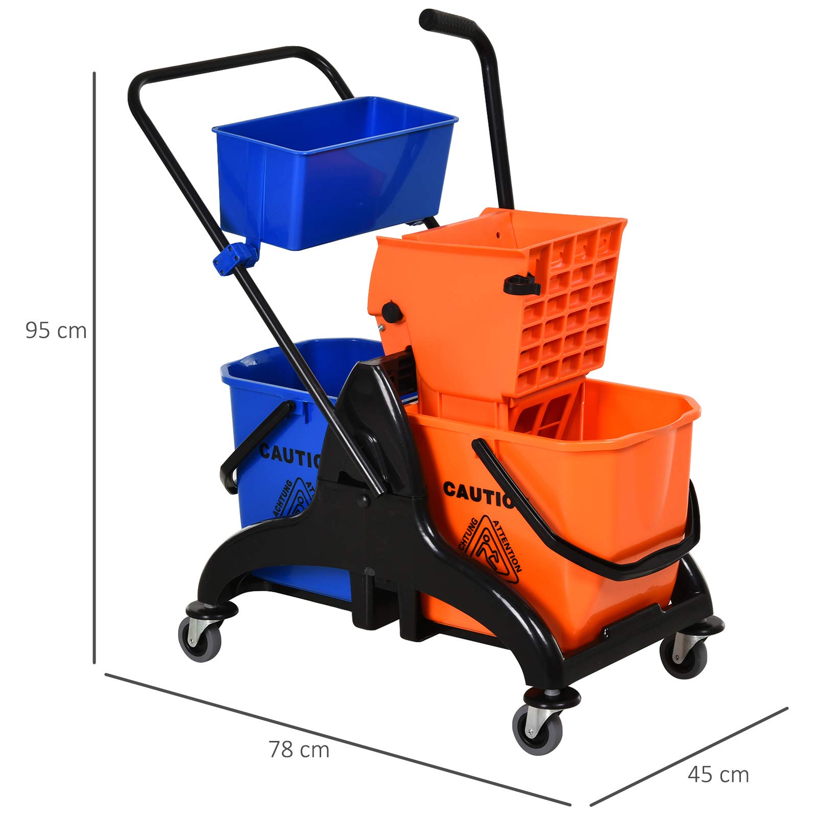 HOMCOM Chariot de ménage Chariot de Lavage Professionnel essoreuse latérale Seau 26 L + Panier de rangements 78 x 45 x 95 cm métal et Plastique Orange