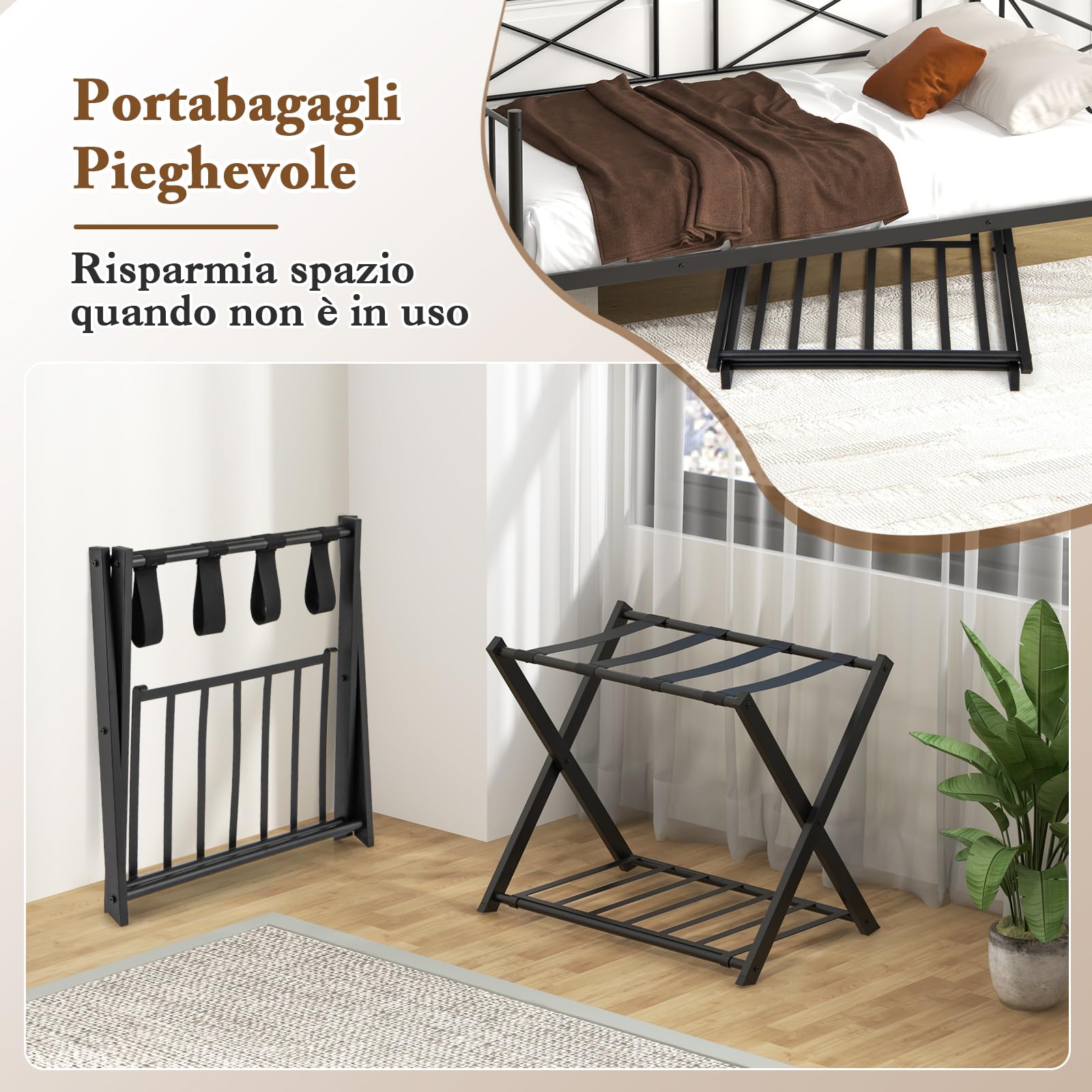 COSTWAY Portavaligie Pieghevole a 2 Ripiani in Metallo 68x43x56 cm Nero