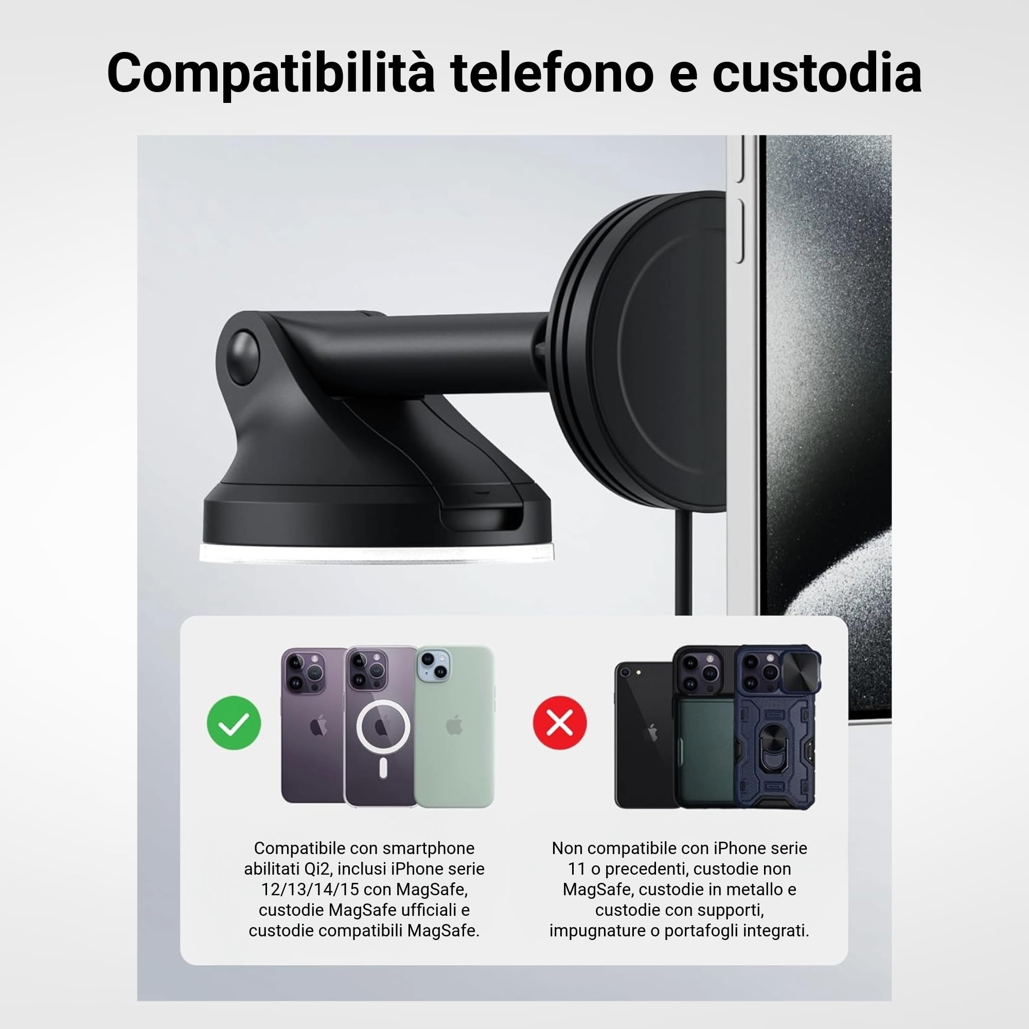 iOttie Velox Qi2 Mini 15 W Caricabatterie wireless da auto – Supporto per telefono da cruscotto e parabrezza – Supporto per iPhone compatibile con MagSafe per smartphone Qi2 (iPhone 12, 13, 14 e 15) –