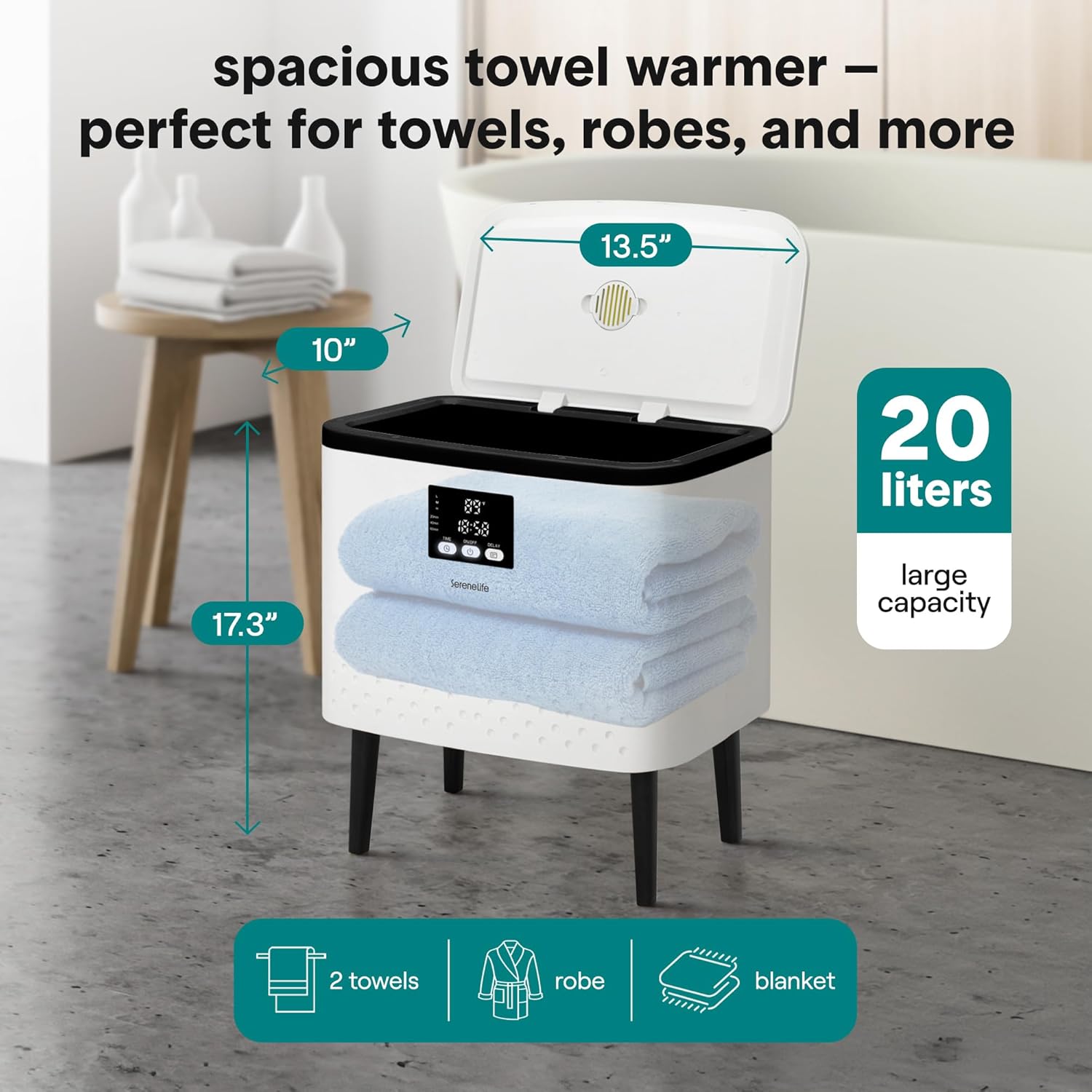 SereneLife towel warmer interior stainless steel tub showing capacity