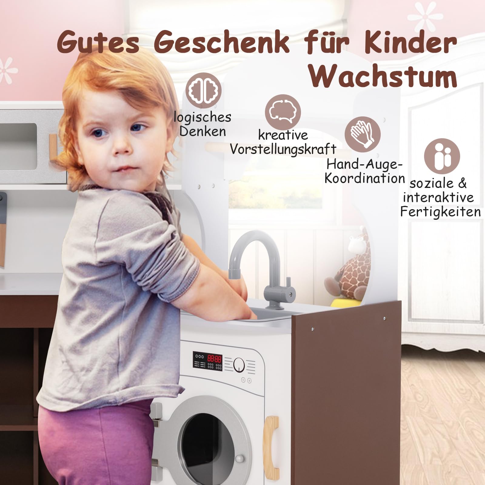 GOPLUS Eck Spielküche aus Holz, Rollenspielküche für Kinder mit Eismaschine, Mikrowelle, Herd, Ofen, Spüle, Waschmaschine, Kinderküche mit Lichtern und Geräuschen für Kinder ab 3 Jahren