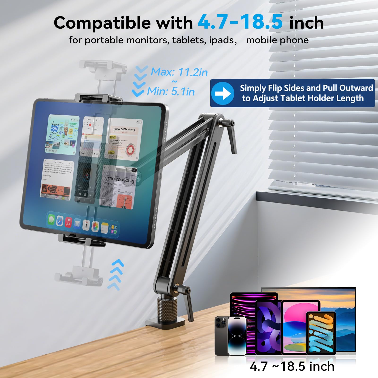 Jakeko Supporto da scrivania per tablet e iPad, base girevole a 360°, corpo in alluminio, chiave integrata, stabile, pieghevole, salvaspazio
