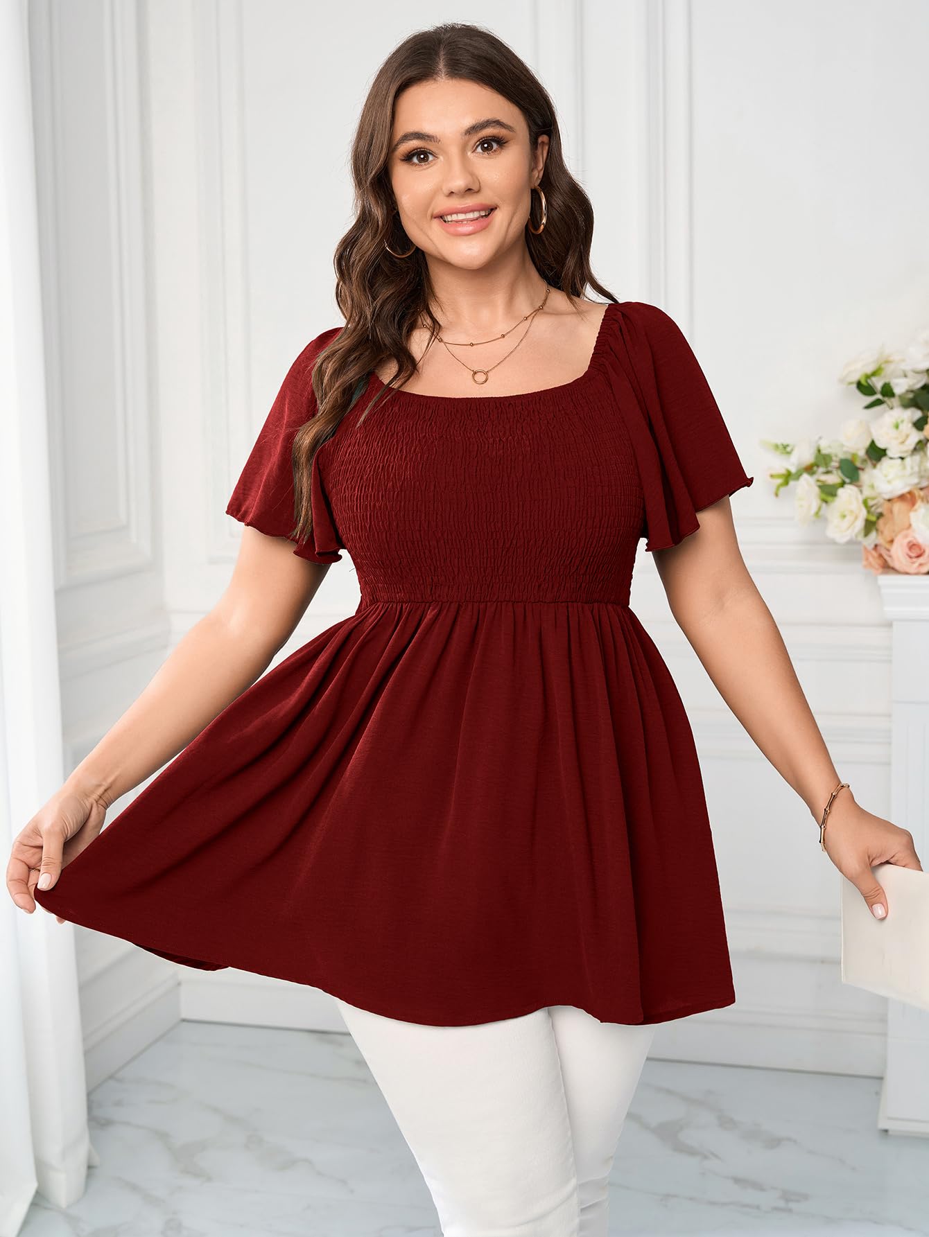 SHESTARR Haut habillé grande taille pour femme, col carré, manches courtes, smocké, péplum