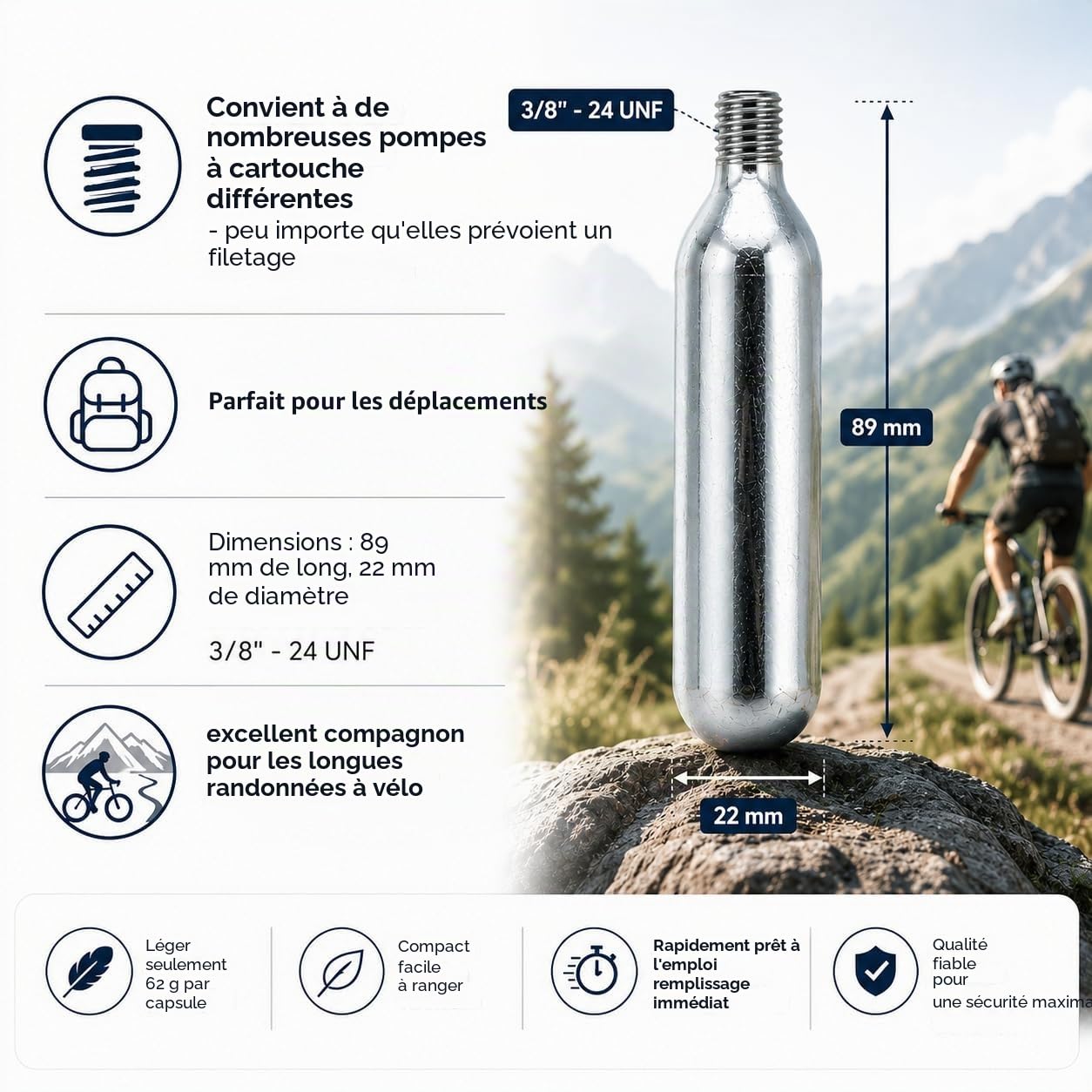 Cartouches CO2 16g Filetée pour Pompe à CO2 - Gonfleur Pneu Vélo Route VTT