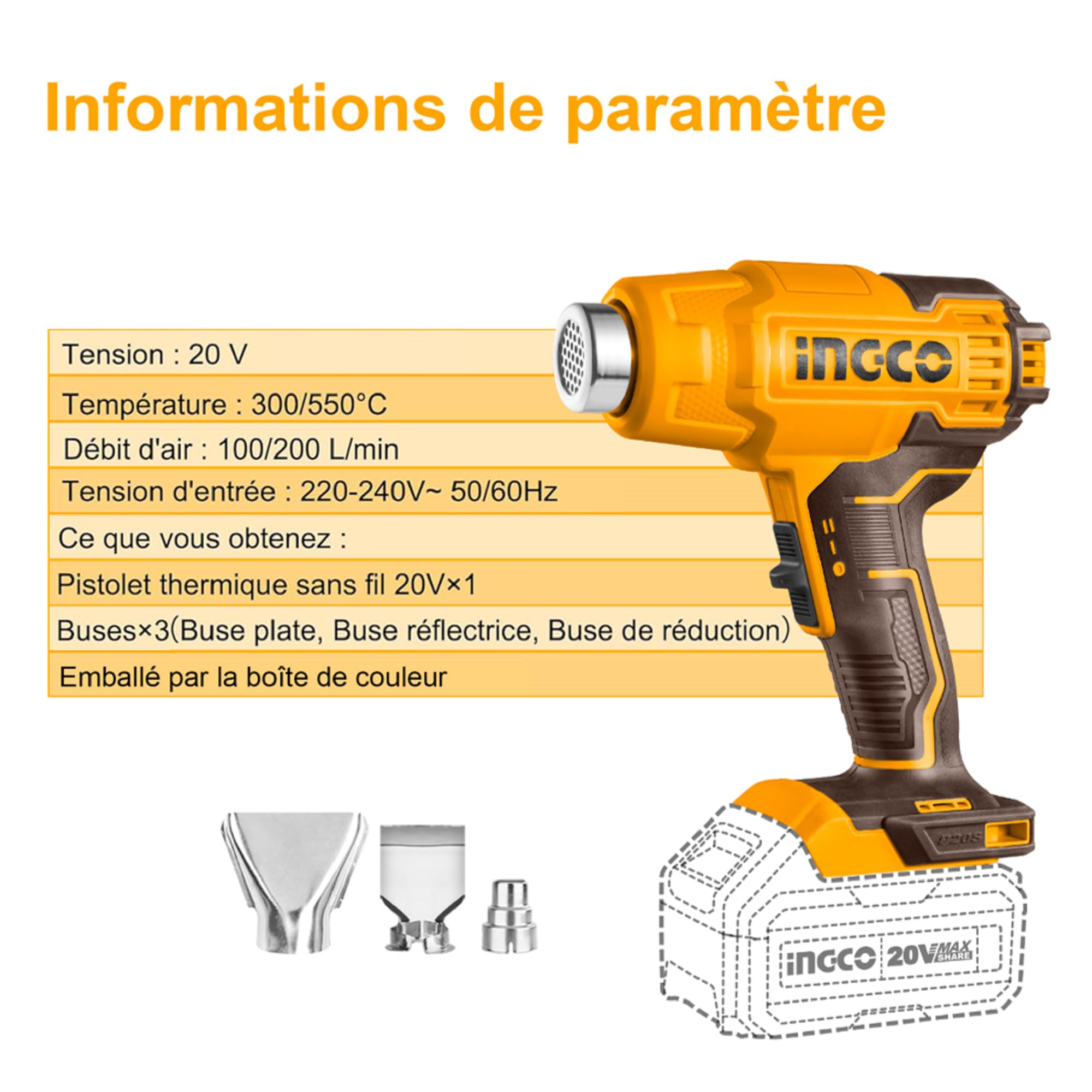 INGCO Pistolet à Air Chaud Sans Fil 20V (Produit Seul) Contrôle de Température Variable, 300/550 °C, Decapeur Thermique Portable avec 3 Buses HGLI2002