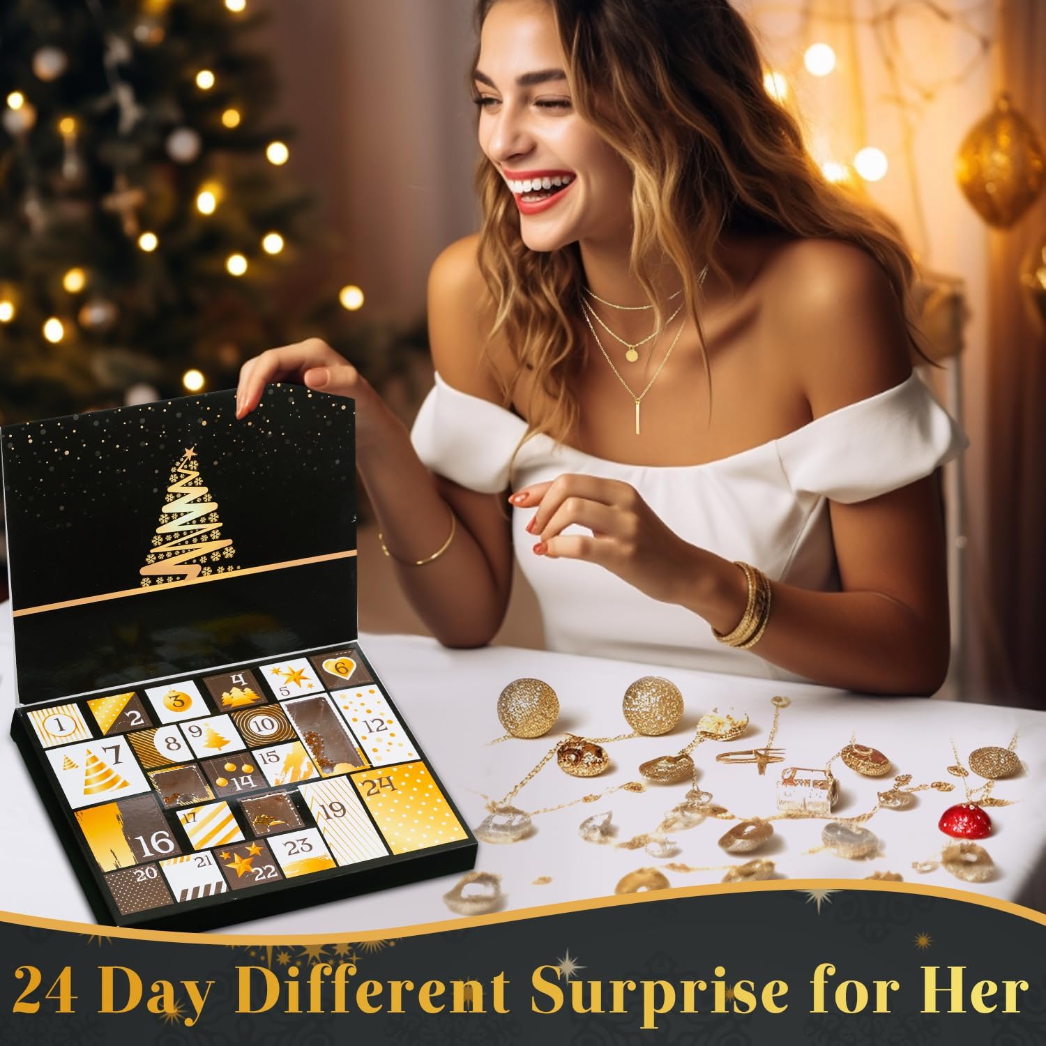Jewelry Advent Calendar 2025 for Adult Women, 24 Day Christmas Countdown Calendar with Gold Earrings, Necklaces, Bracelets, and Rings, Christmas Surprise Gift for Wife Friends - Image 6