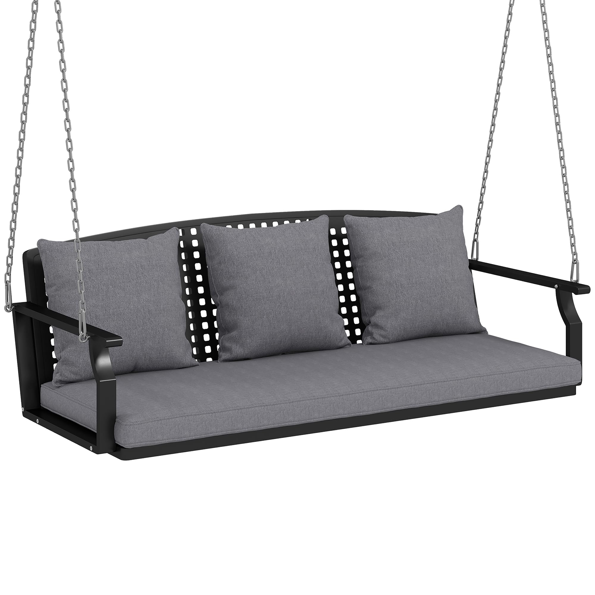 Outsunny Hängebank, 3-Sitzer Schaukelbank mit 3 Rückenkissen, Gartenschaukel aus Stahl zum Aufhängen, bis 360 kg Belastbar, für Balkon, Terrasse, Grau, 154 x 66 x 51 cm