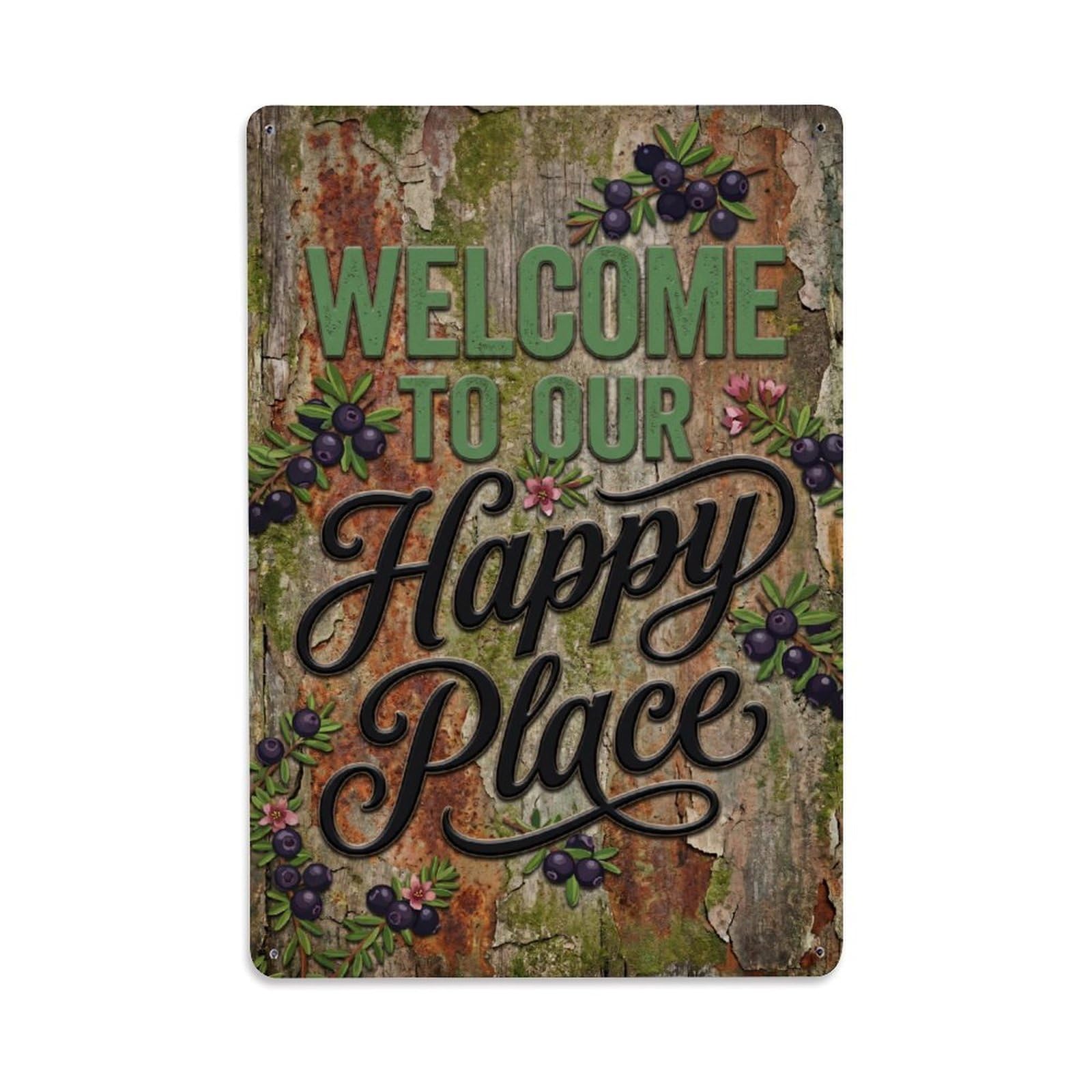 Welcome To Our Happy Place Crowberry Garden Metal Tin Sign Plaque Wall Decor for Cafe, Club Bar, Office, Home Garden Metal Poster 8x12Inch