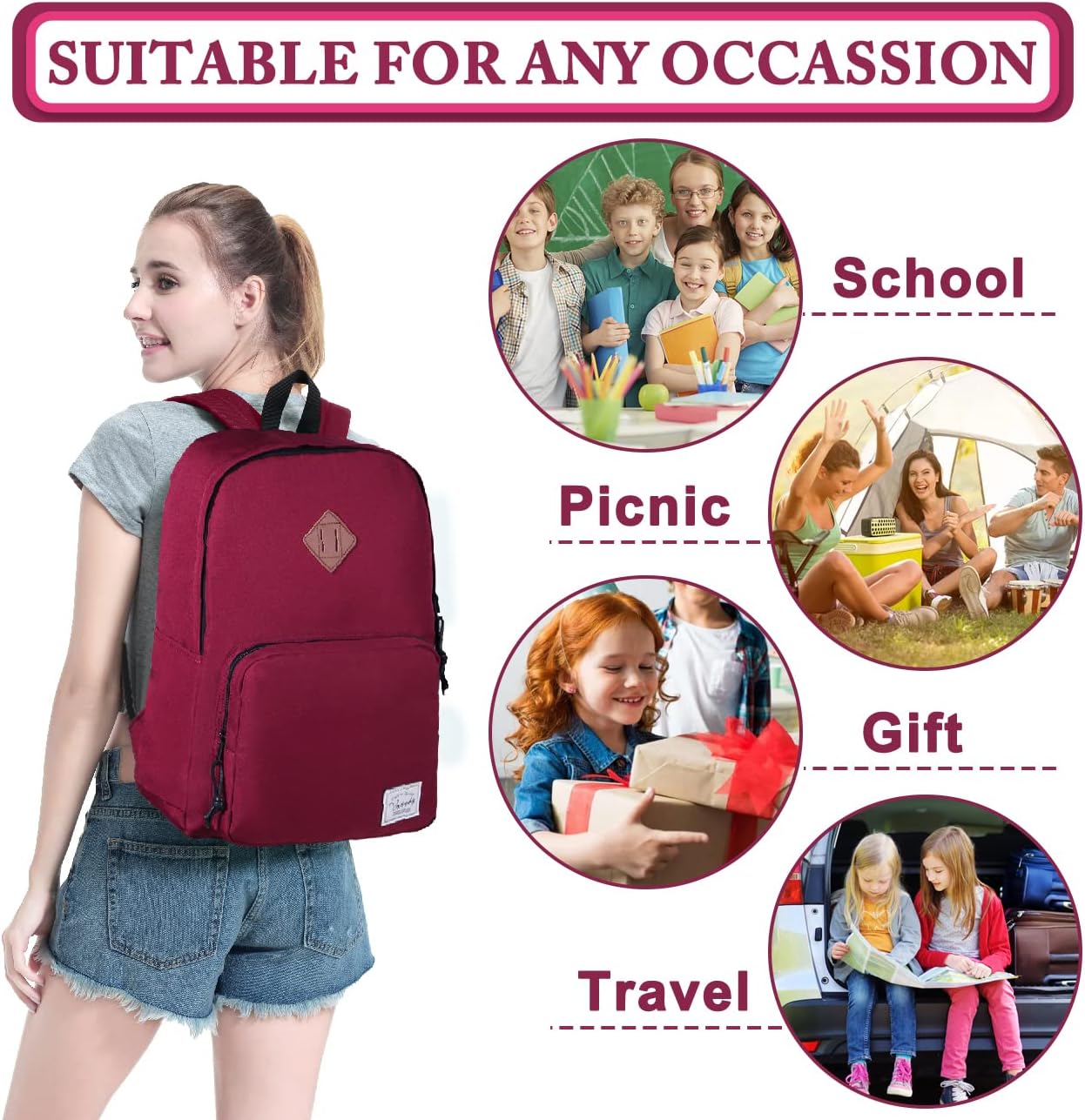VASCHY School Backpack, Ultra Lightweight Backpack for Women Bookbag for Kids Teen Boys Girls Burgundy - Image 7