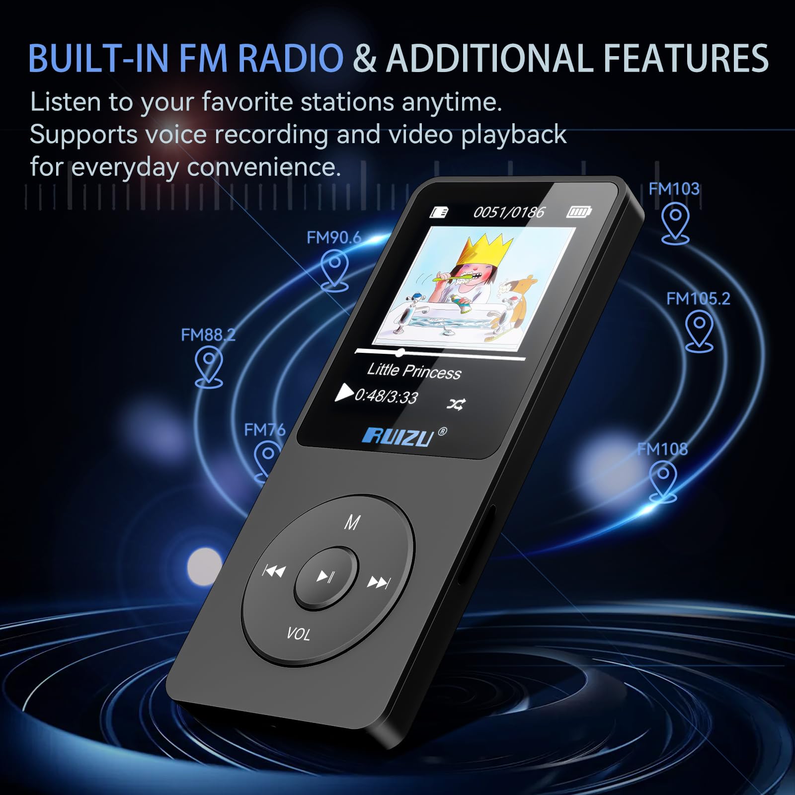 RUIZU Lettore MP3 64GB Bluetooth 5.3 Portatile con Tasti Fisici | Solo 30g, display da 1,8", fino a 80 ore di riproduzione, memoria espandibile MicroSD fino a 128GB.