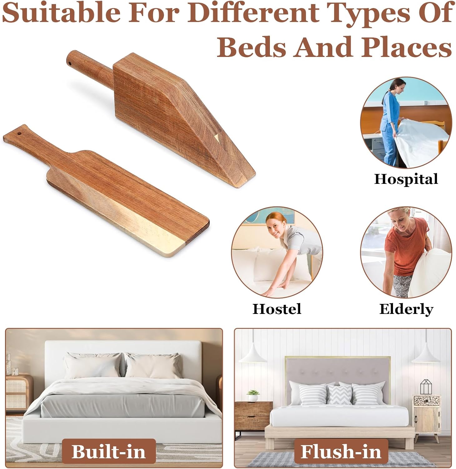 Mattress Lifter & Sheet Tucker Tool Set, Acacia Wood Mattress Wedge Elevator, Bed Sheet Tucking Paddle for Lifts & Holds The Mattress Tucks Sheets Removes Sheets & Bed Skirts