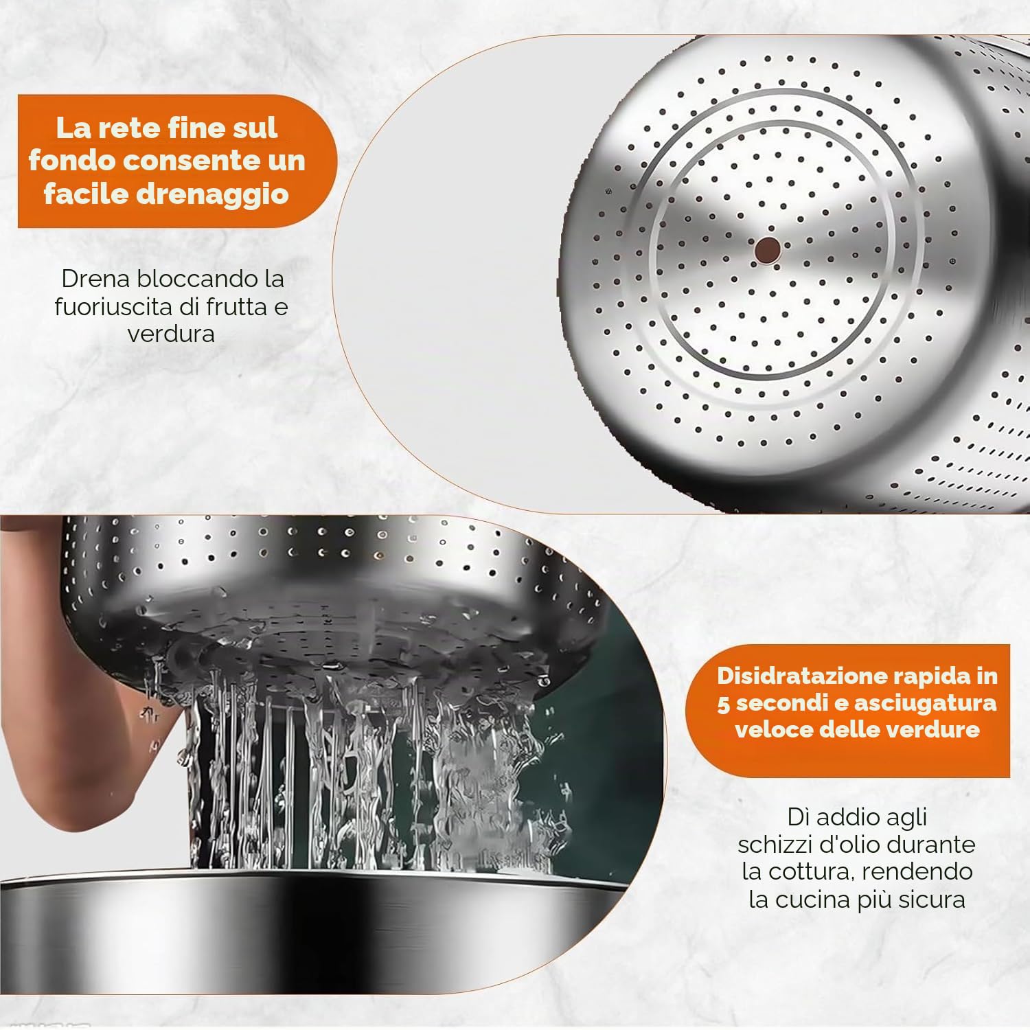 Centrifuga per insalata in acciaio inox da 6 l, multiuso, per frutta, verdura, scolapasta, centrifuga per insalata, centrifuga per frutta con uscita di drenaggio (A1)