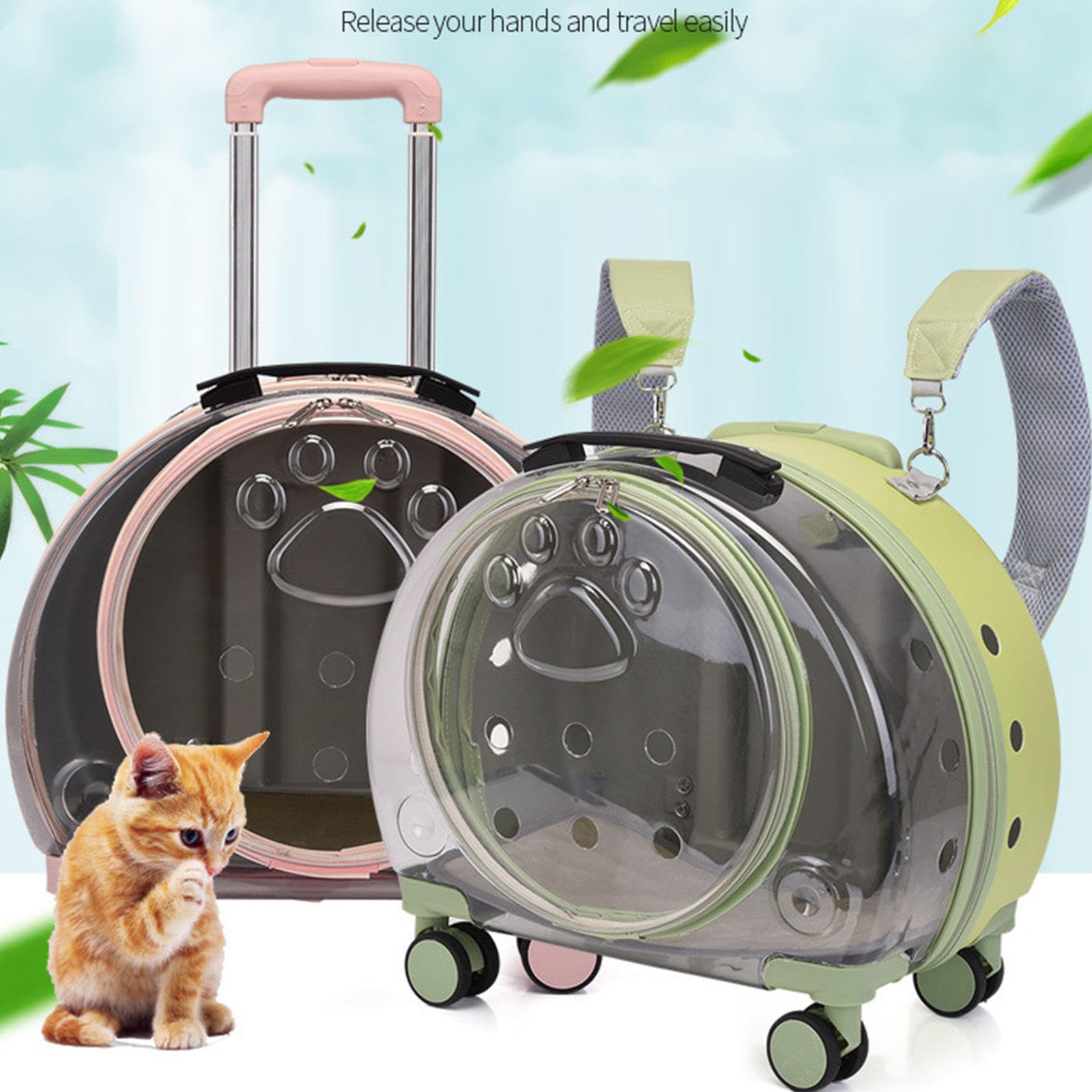 Trasportino per Gatti con Ruote, Trasportino per Cani da Viaggio con Bolle Trasparenti e Respirazione Libera, Trasportino per Gatti Leggero e Rigido,Green A