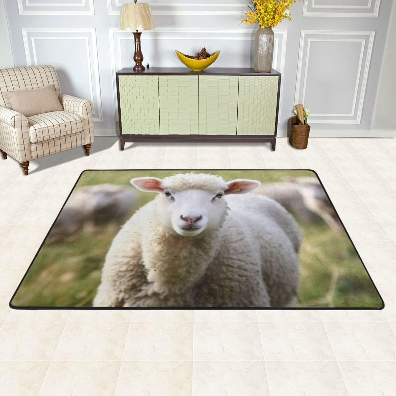 Tapis antidérapant lavable grand format 183 x 122 cm motif mouton