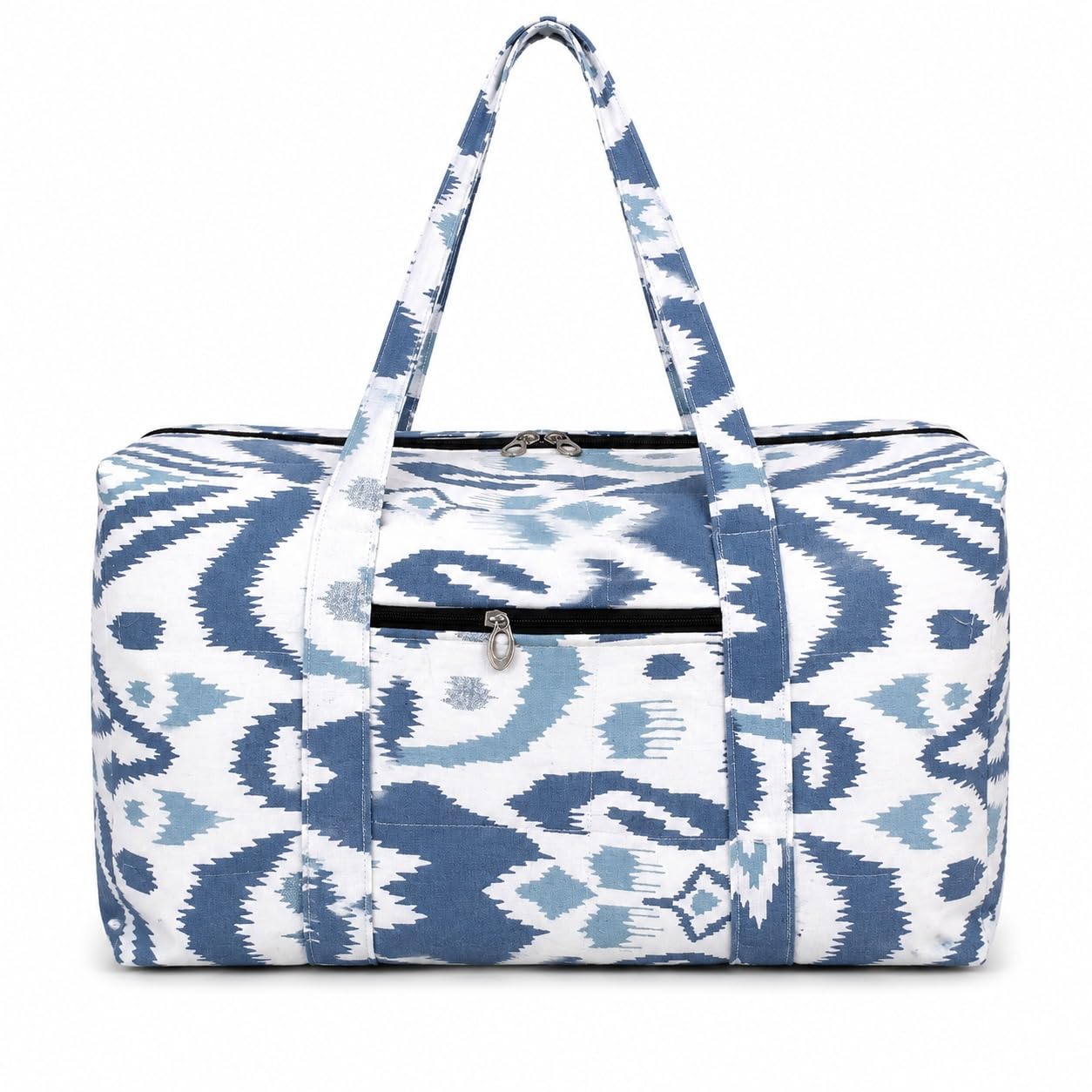 Kanika Creations Quilted Cotton Travel Duffel Bag for Women | Large Weekender Overnight Bag with Front Zipper Pocket | Lightweight Gym, Cabin & Hospital Travel Bag | Blue Ikat Print-image-5