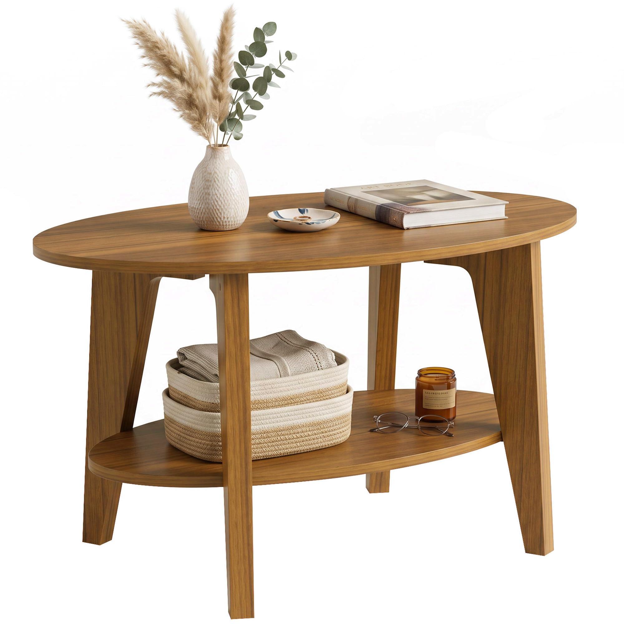 HOMCOM Table Basse Ovale à 2 Niveaux Étagère Ouverte 80x50x45 cm Chêne