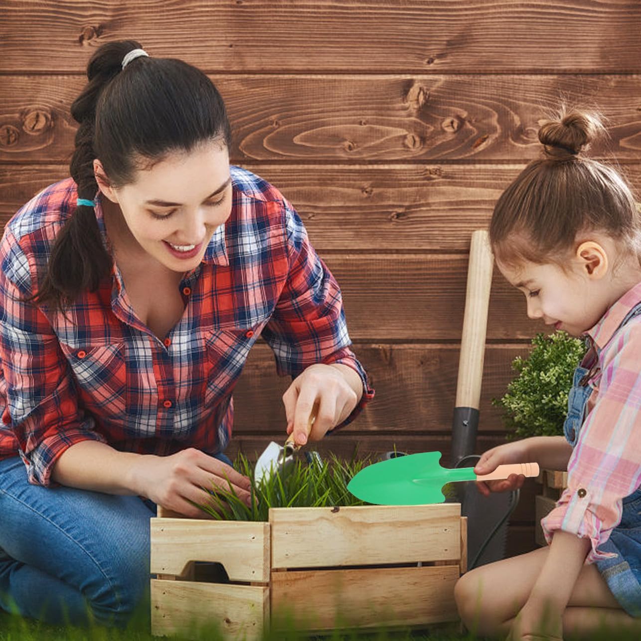 10 Stück Gartenkellen mit Holzgriff aus Eisen, Grün
