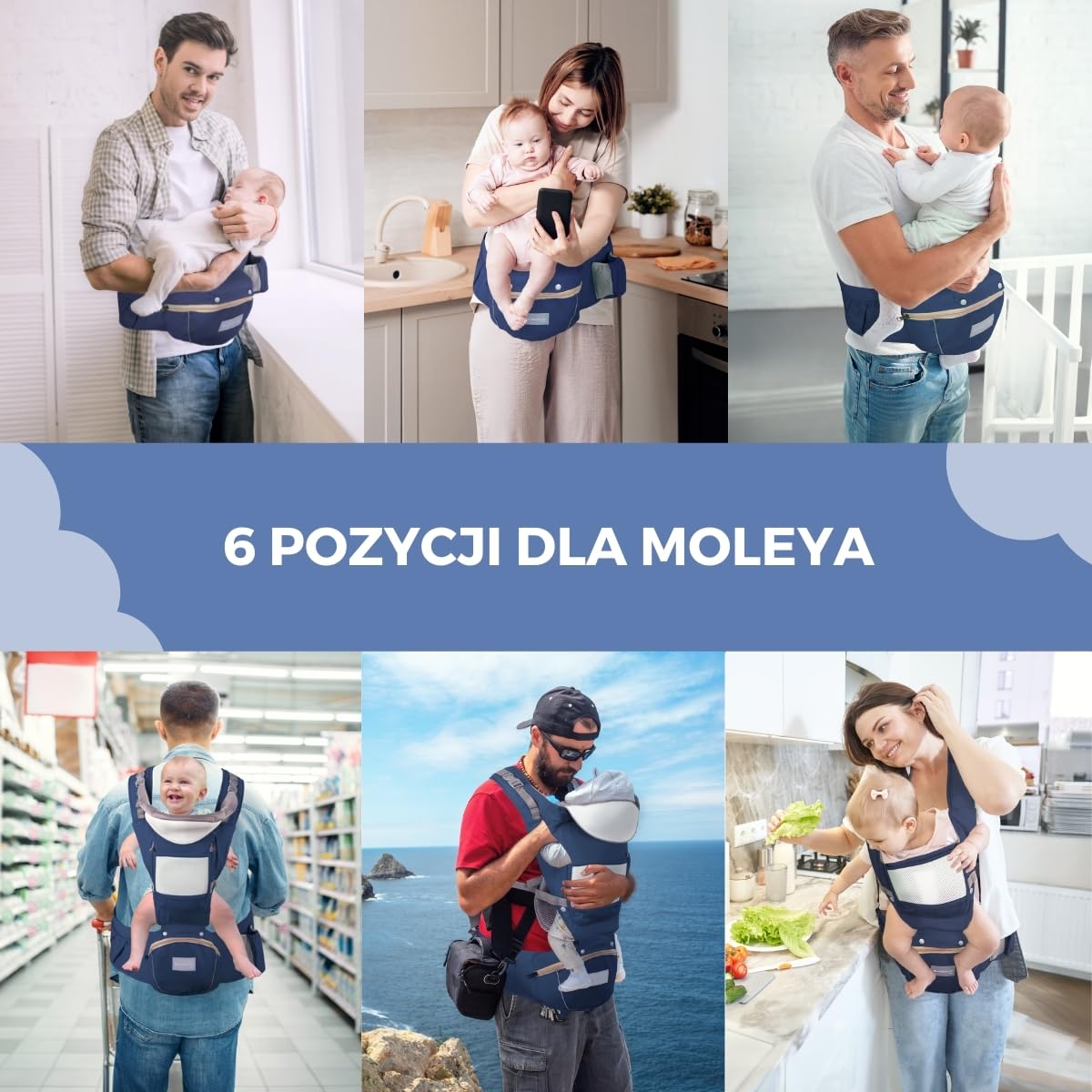 Mobiclinic® kids, Nosidełko ergonomiczne, 6 w 1, Moley, Wielopozycyjne, Składane, Kieszeń z zamkiem błyskawicznym, Podtrzymujący butelki, Miękka premiumowa bawełna, 0-36, Dla noworodków (granatowy)