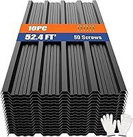 BRAKKI Black Corrugated Metal Roofing Panels 10pcs 52.4 sq ft Galvanized Steel Sheets w/Screws for Sheds Garages Coops