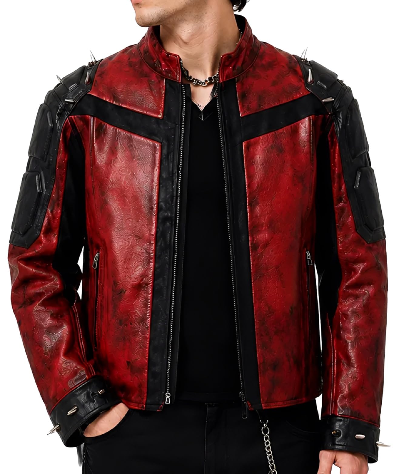 Giacca da moto da uomo rossa e nera, con spalle a punta, stile gotico, punk rock, con borchie