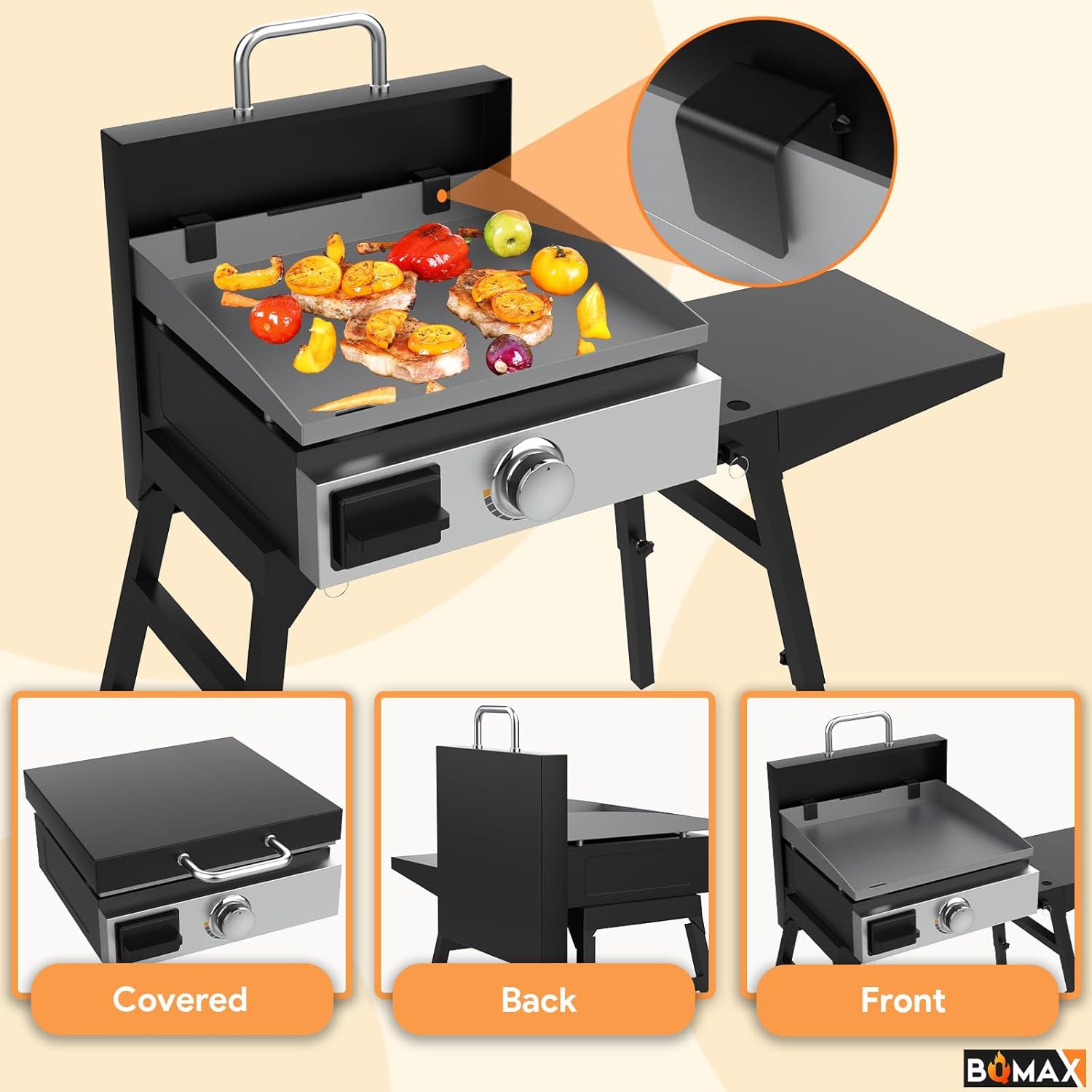 BQMAX Griddle Lid and Cover for 17 Inch Blackstone Griddle, Hard Cover Top Lid 5701/5010, Heavy-Duty Metal and 600D Polyester, Black, Rectangular