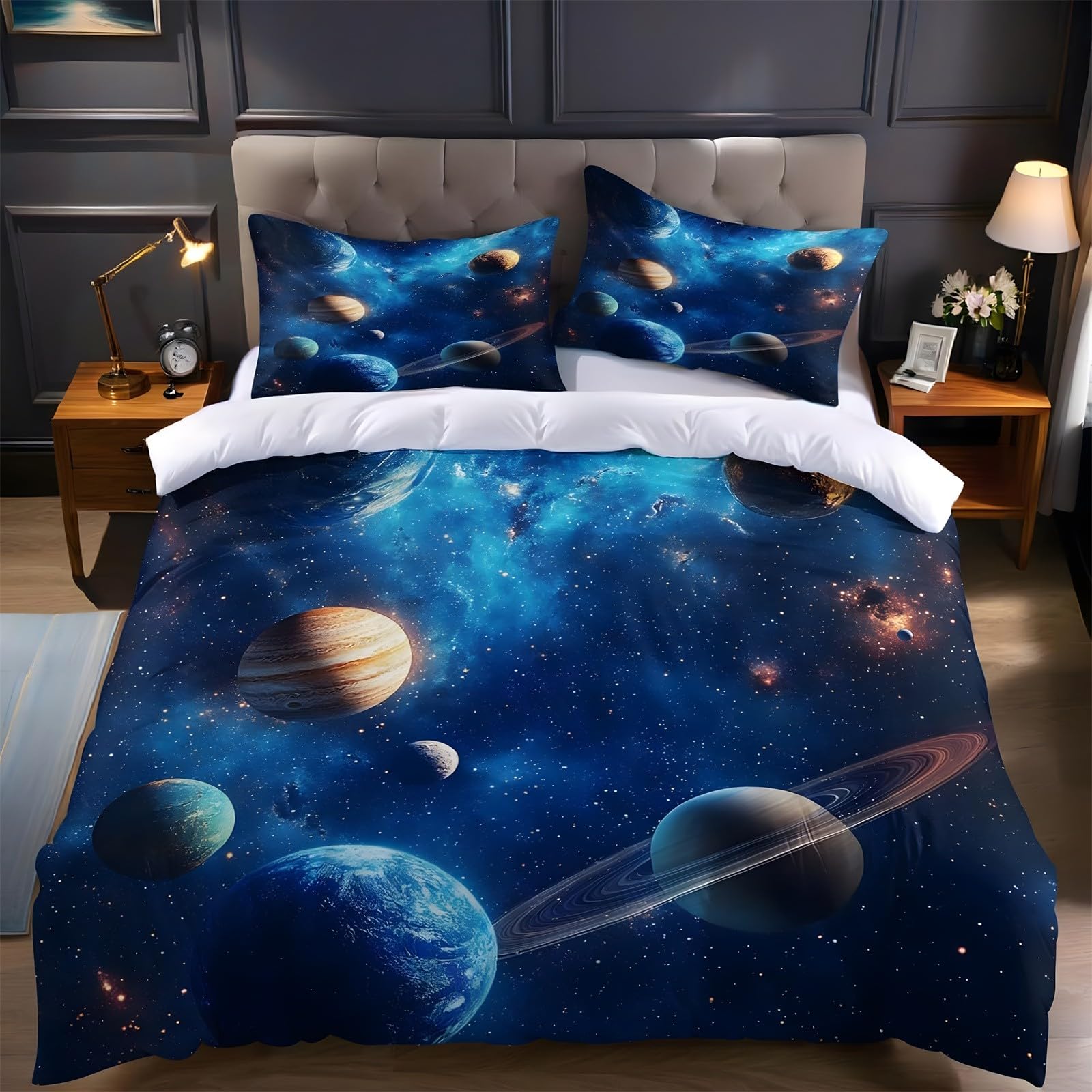 Ypthriline Double Bedding Set Universe Bedding Set Microfiber Blue Duvet Covers with Pillowcases Reversible Bedding With Zipper Closure 200x200CM