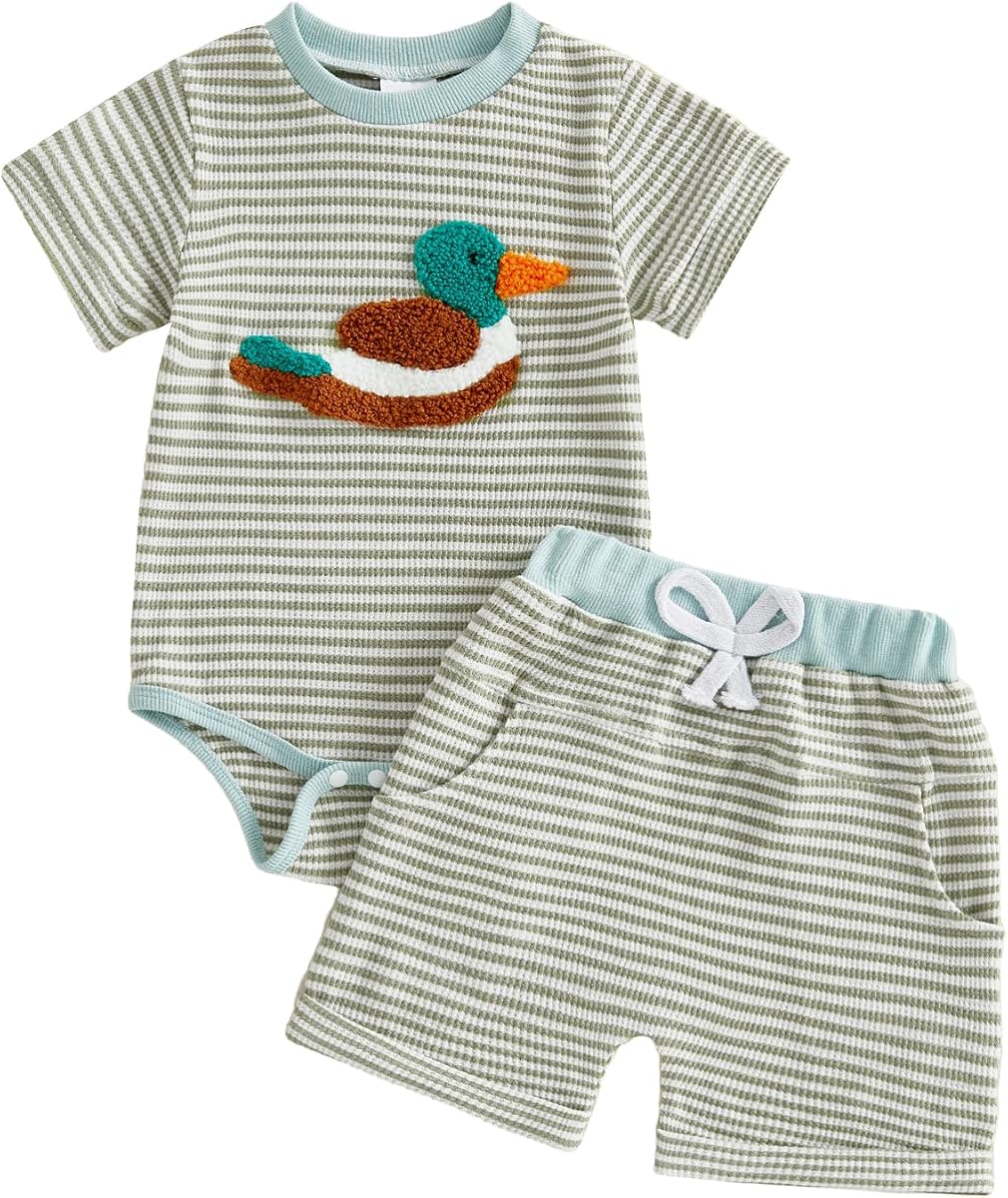 Baby Boy Summer Clothes Newborn Mallard Duck Embroidery Short Sleeve Romper Bodysuit Shorts Set Infant Waffle Outfit